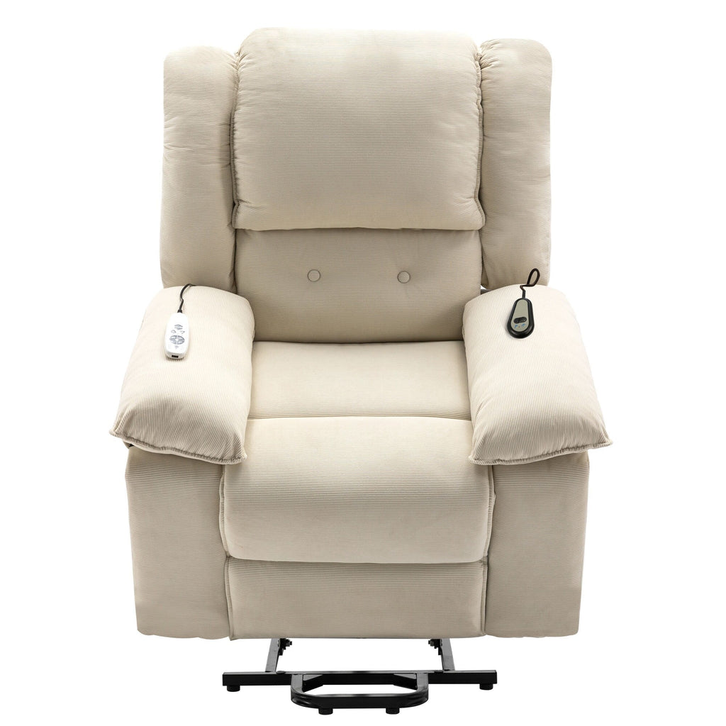 Fauteuil inclinable électrique en velours côtelé pour personnes âgées avec massage et chauffage réglables, angles d'inclinaison infinis et accoudoirs gain de place