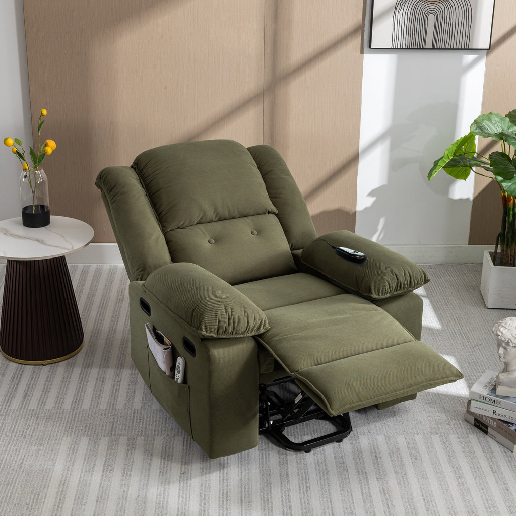 Fauteuil inclinable électrique en velours côtelé pour personnes âgées avec massage et chauffage réglables, angles d'inclinaison infinis et accoudoirs gain de place