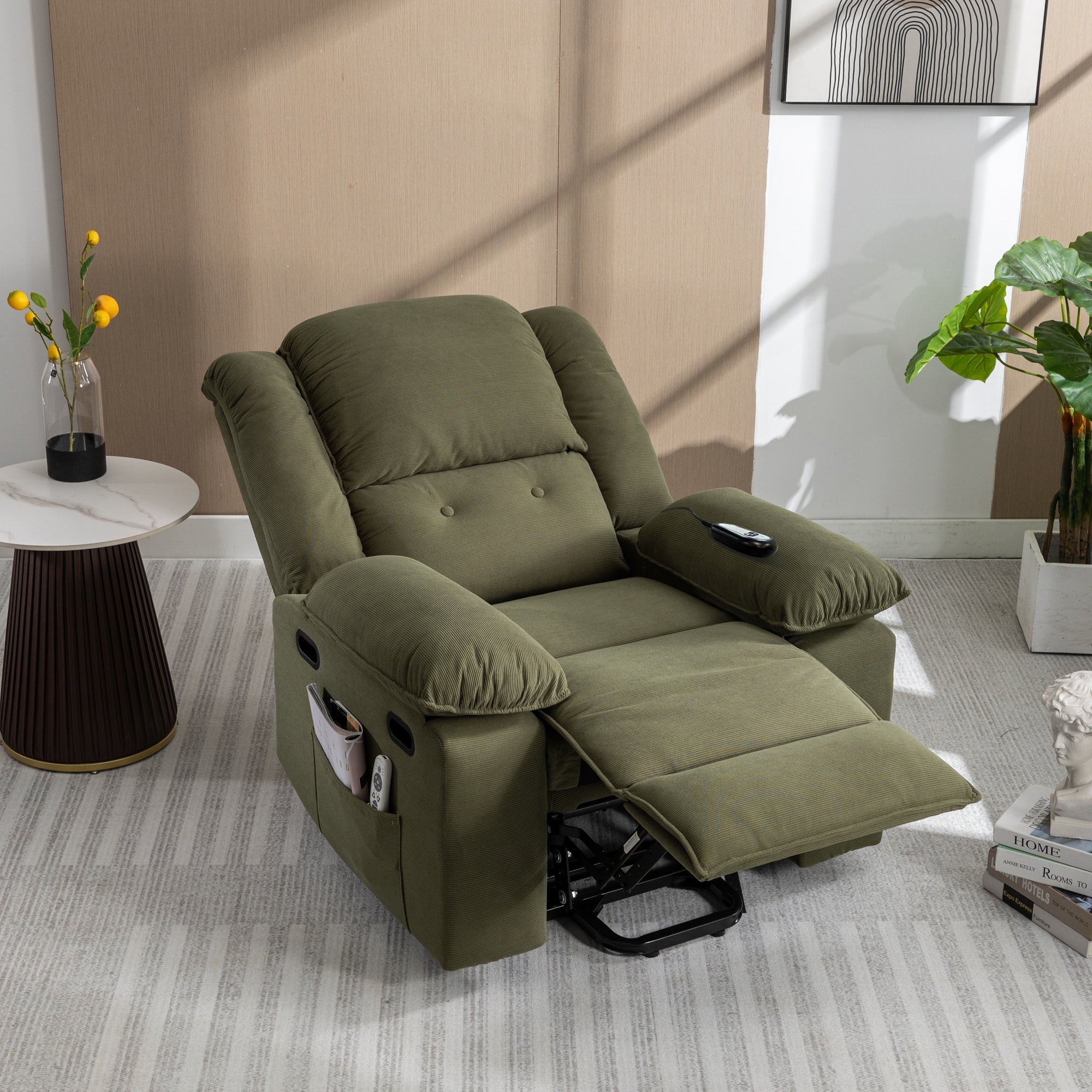 Fauteuil inclinable électrique en velours côtelé pour personnes âgées avec massage et chauffage réglables, angles d'inclinaison infinis et accoudoirs gain de place