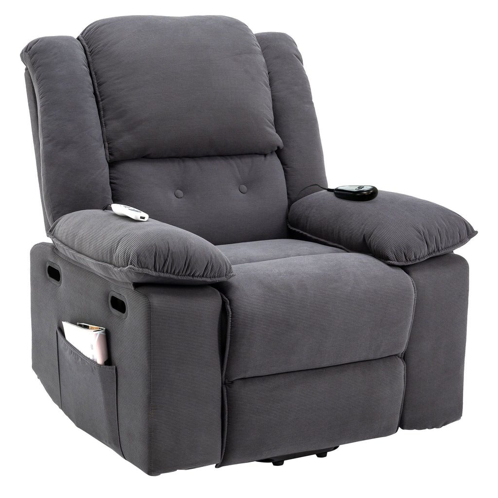 Fauteuil inclinable électrique en velours côtelé pour personnes âgées avec massage et chauffage réglables, angles d'inclinaison infinis et accoudoirs gain de place