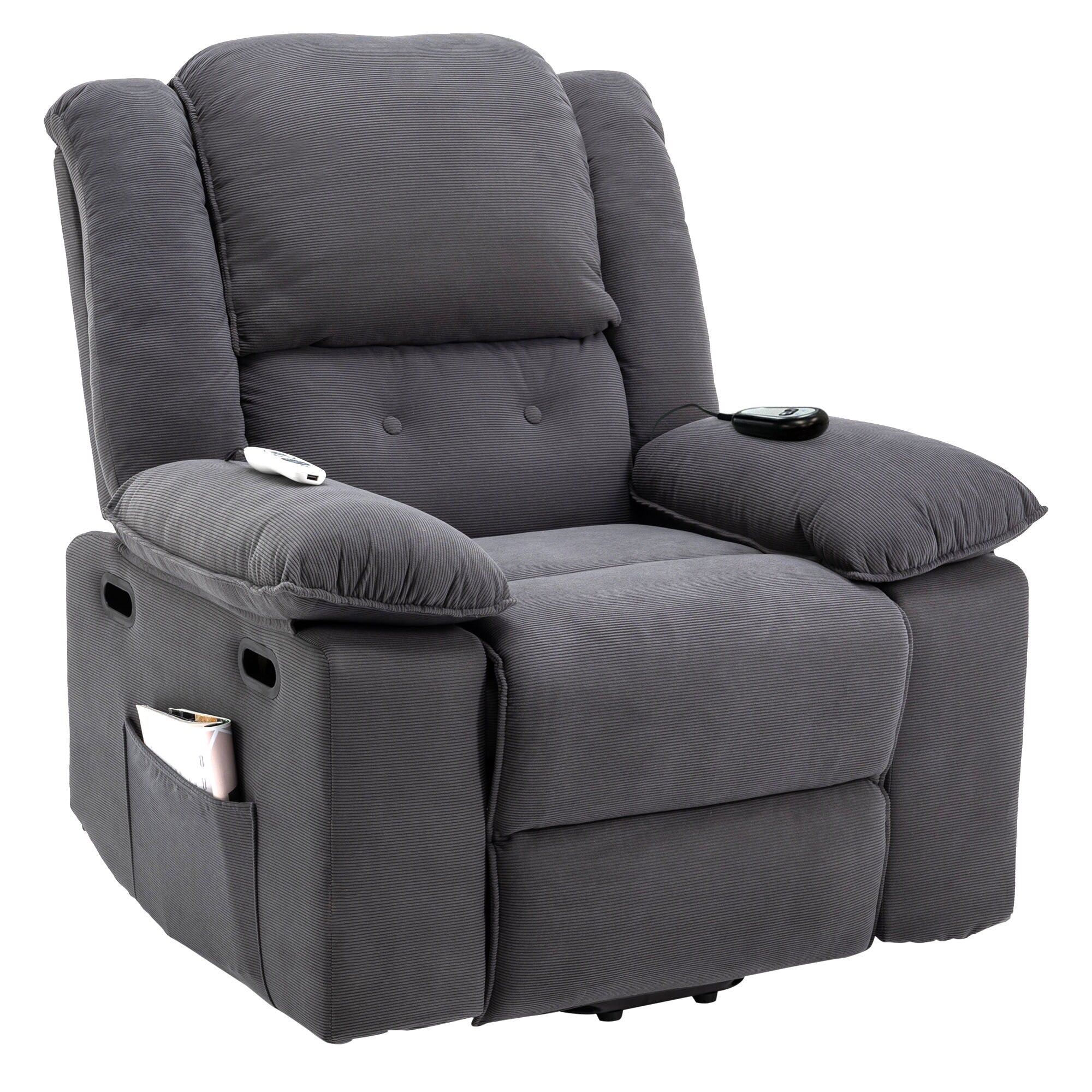Fauteuil inclinable électrique en velours côtelé pour personnes âgées avec massage et chauffage réglables, angles d'inclinaison infinis et accoudoirs gain de place