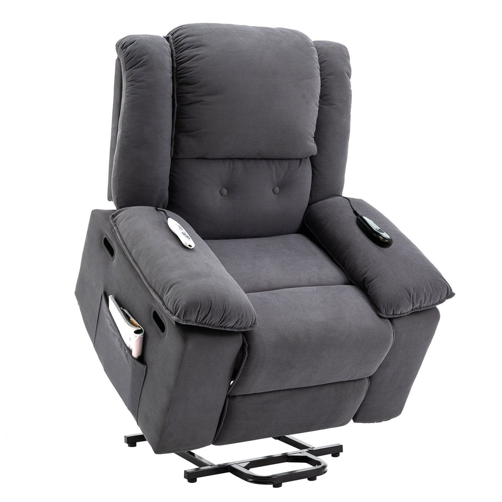 Fauteuil inclinable électrique en velours côtelé pour personnes âgées avec massage et chauffage réglables, angles d'inclinaison infinis et accoudoirs gain de place
