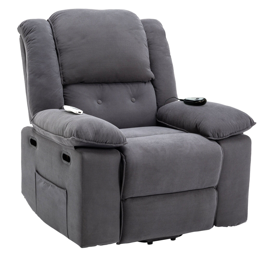 Fauteuil inclinable électrique en velours côtelé pour personnes âgées avec massage et chauffage réglables, angles d'inclinaison infinis et accoudoirs gain de place