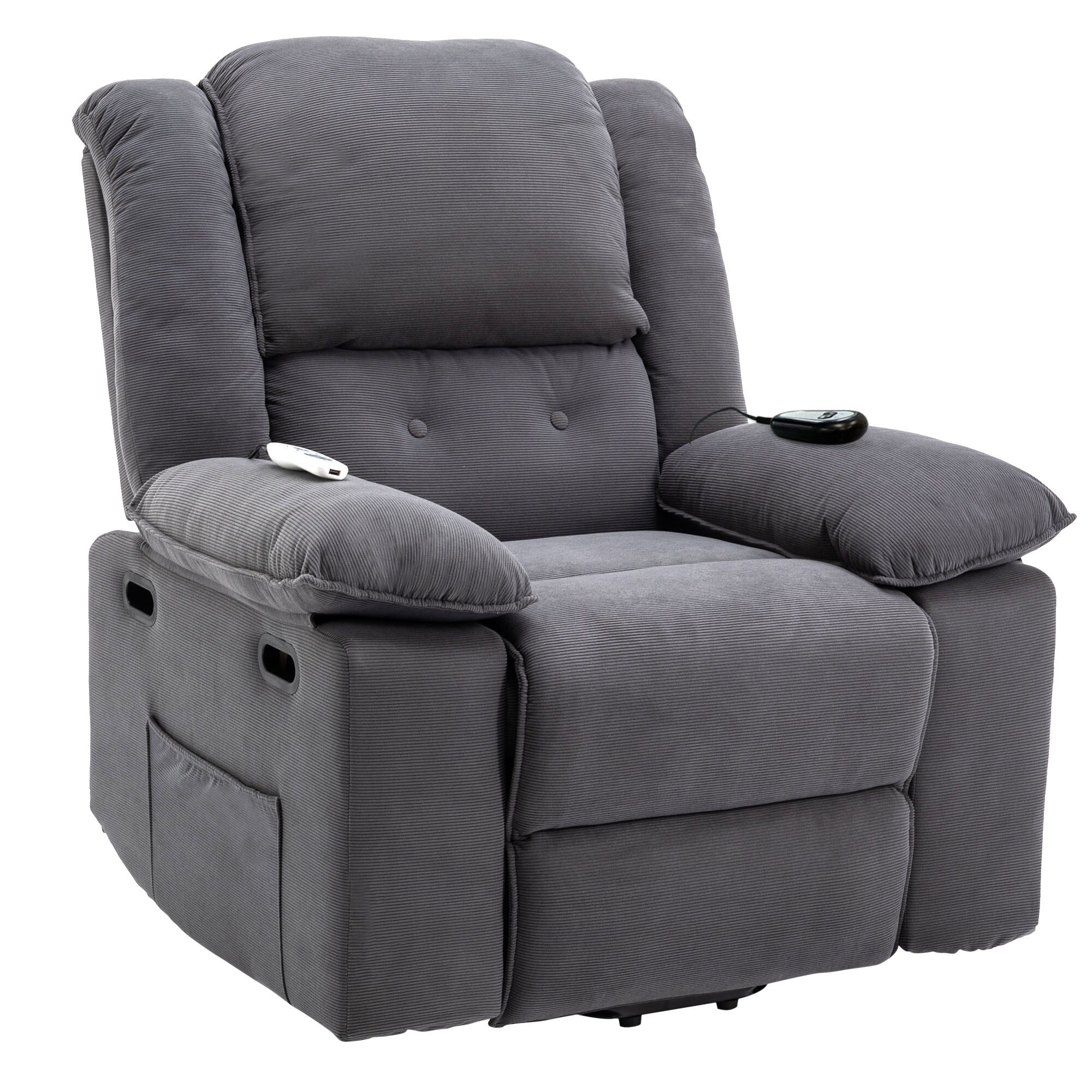 Fauteuil inclinable électrique en velours côtelé pour personnes âgées avec massage et chauffage réglables, angles d'inclinaison infinis et accoudoirs gain de place
