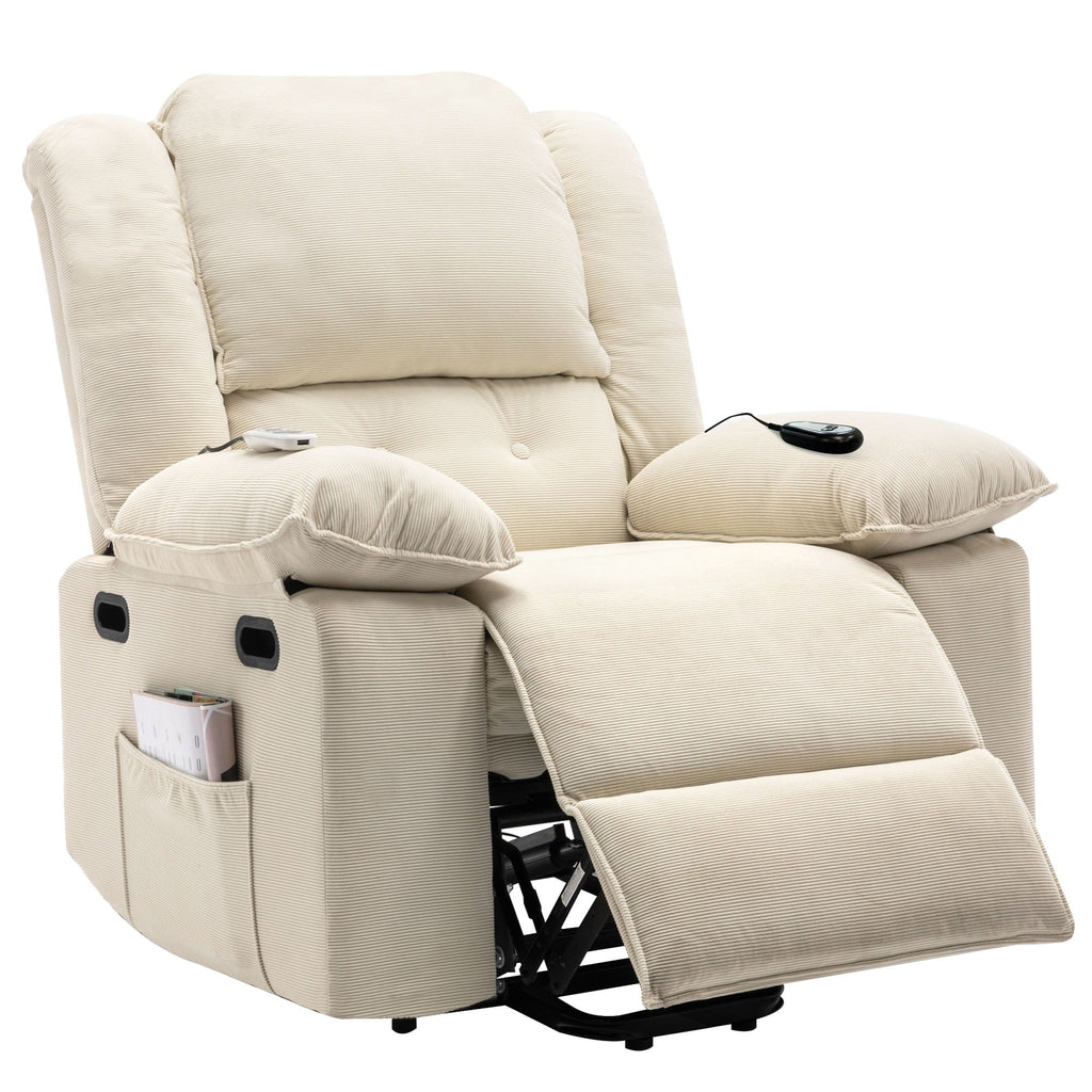 Fauteuil inclinable électrique en velours côtelé pour personnes âgées avec massage et chauffage réglables, angles d'inclinaison infinis et accoudoirs gain de place