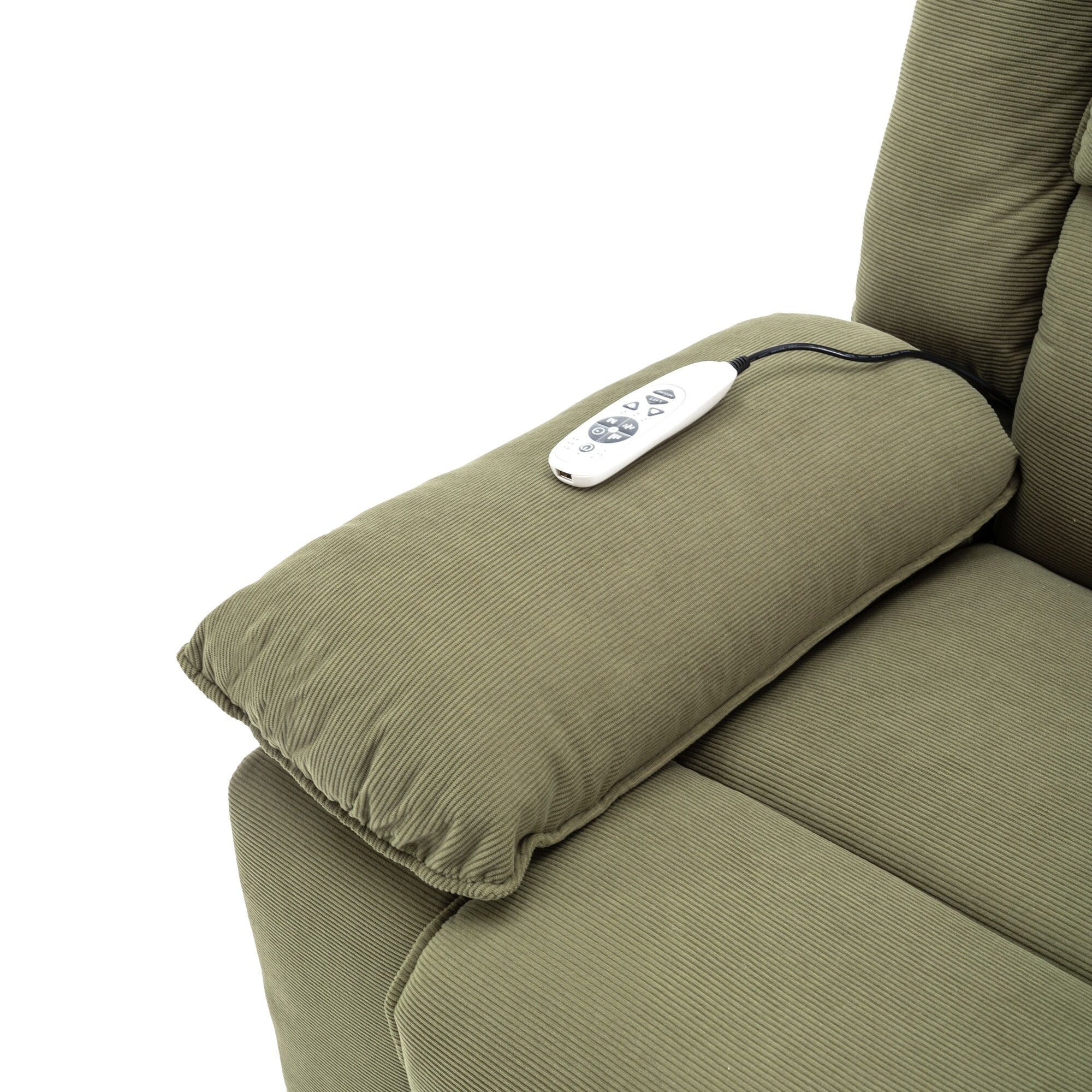 Fauteuil inclinable électrique en velours côtelé pour personnes âgées avec massage et chauffage réglables, angles d'inclinaison infinis et accoudoirs gain de place