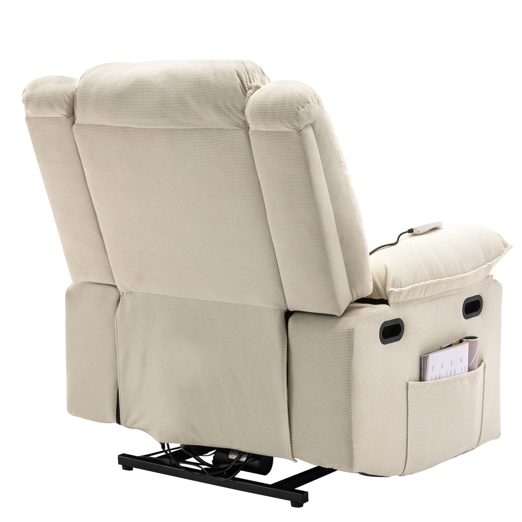 Fauteuil inclinable électrique en velours côtelé pour personnes âgées avec massage et chauffage réglables, angles d'inclinaison infinis et accoudoirs gain de place