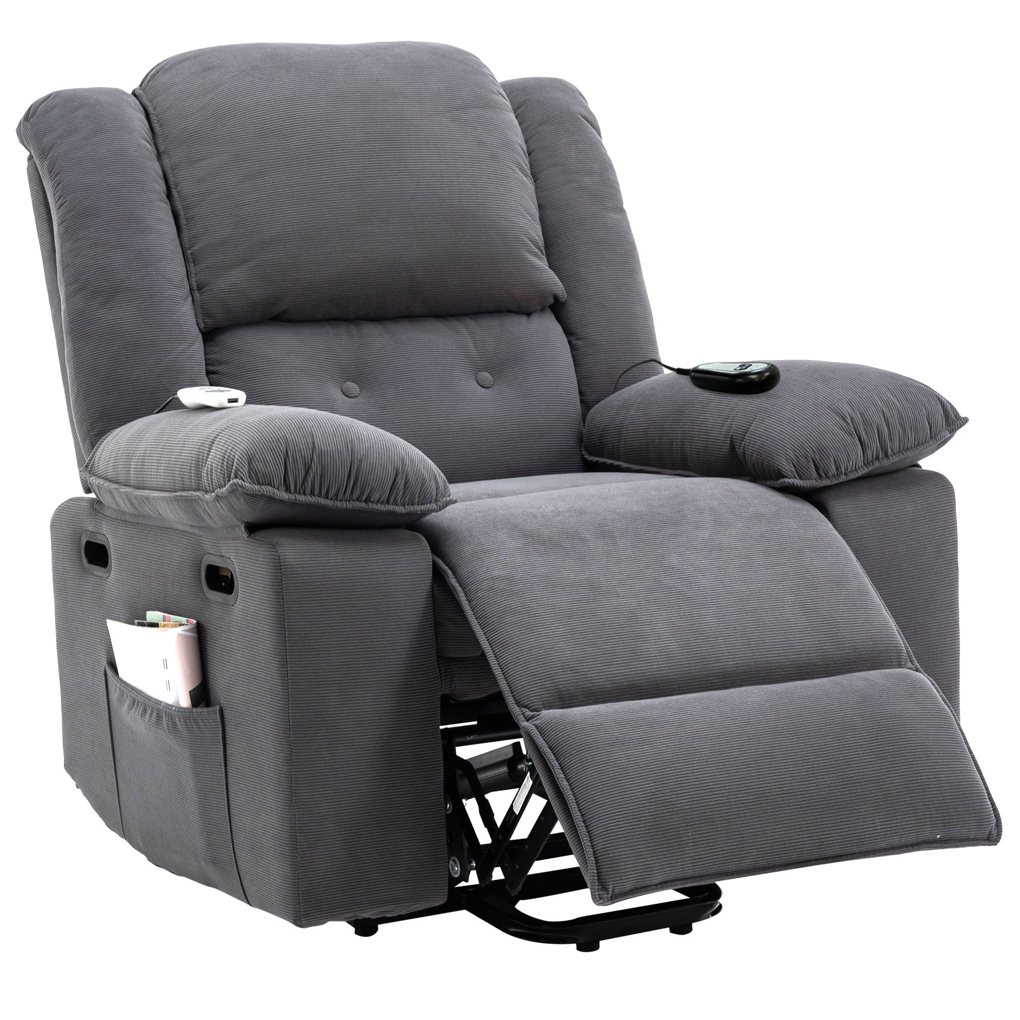 Fauteuil inclinable électrique en velours côtelé pour personnes âgées avec massage et chauffage réglables, angles d'inclinaison infinis et accoudoirs gain de place