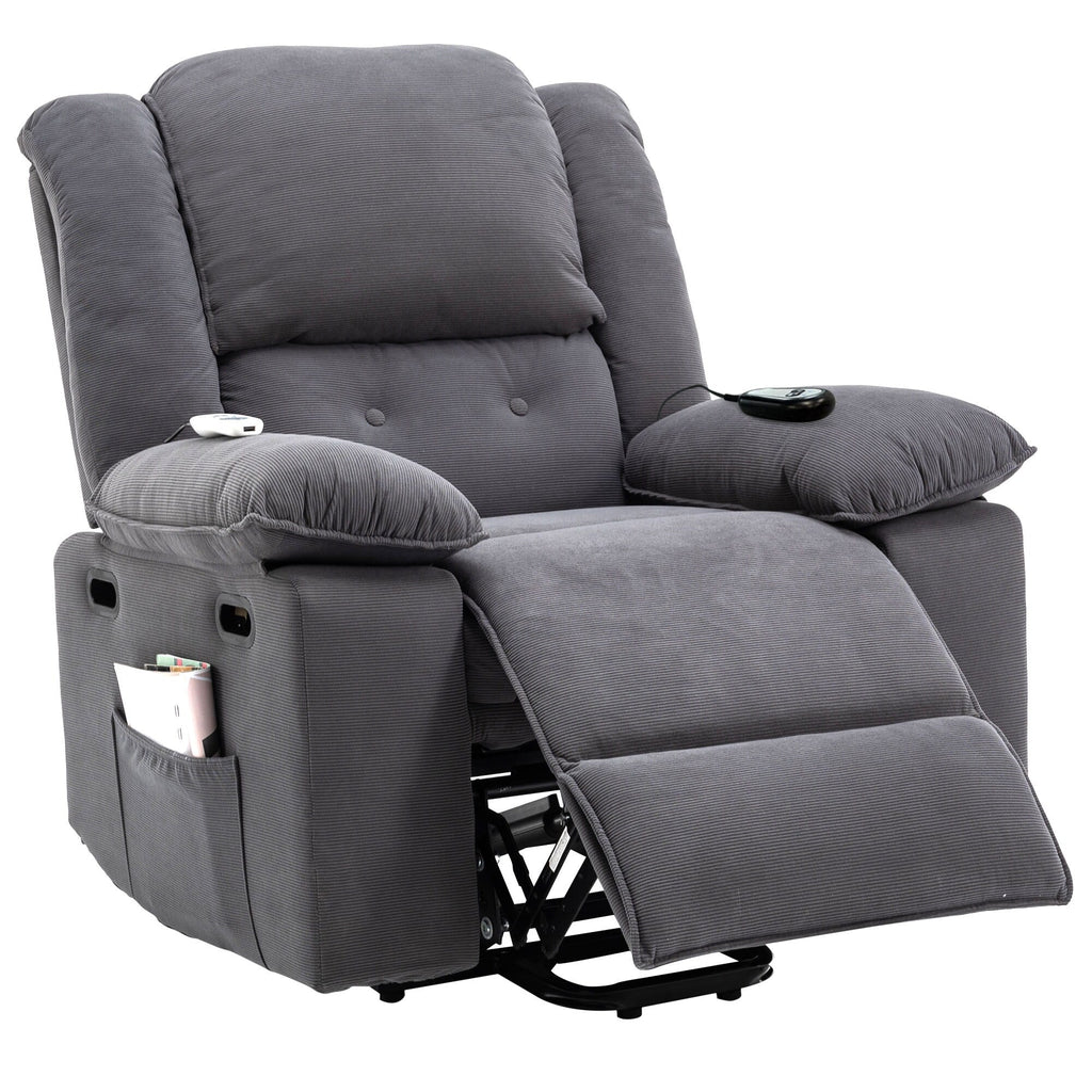 Fauteuil inclinable électrique en velours côtelé pour personnes âgées avec massage et chauffage réglables, angles d'inclinaison infinis et accoudoirs gain de place