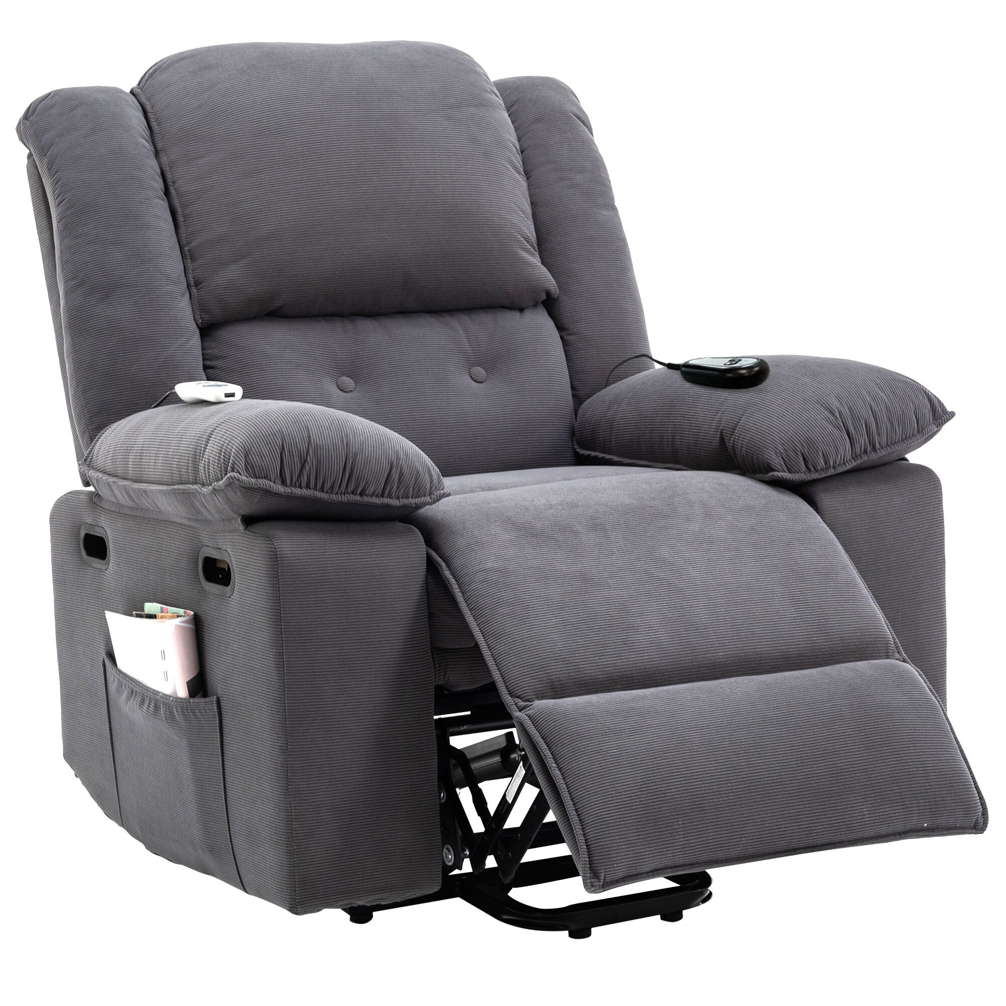 Fauteuil inclinable électrique en velours côtelé pour personnes âgées avec massage et chauffage réglables, angles d'inclinaison infinis et accoudoirs gain de place
