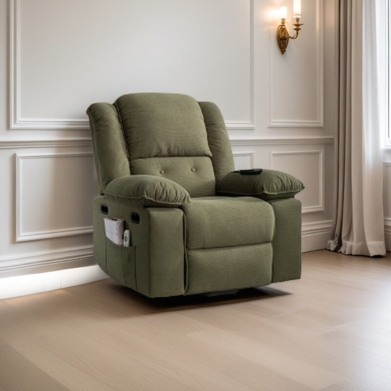 Fauteuil inclinable électrique en velours côtelé pour personnes âgées avec massage et chauffage réglables, angles d'inclinaison infinis et accoudoirs gain de place