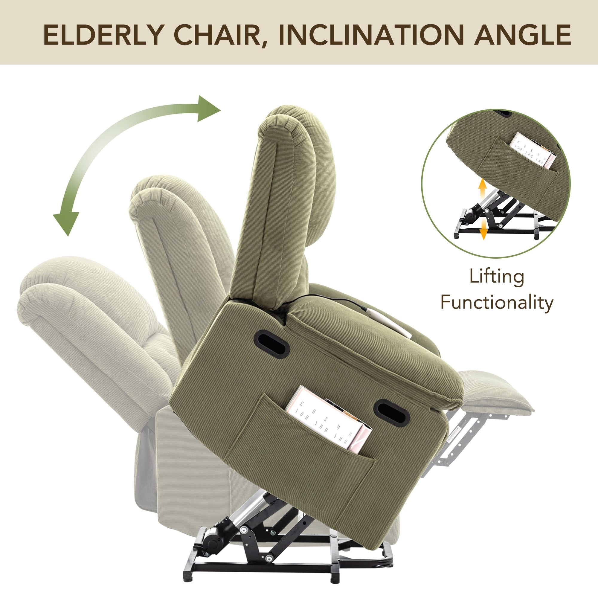Fauteuil inclinable électrique en velours côtelé pour personnes âgées avec massage et chauffage réglables, angles d'inclinaison infinis et accoudoirs gain de place