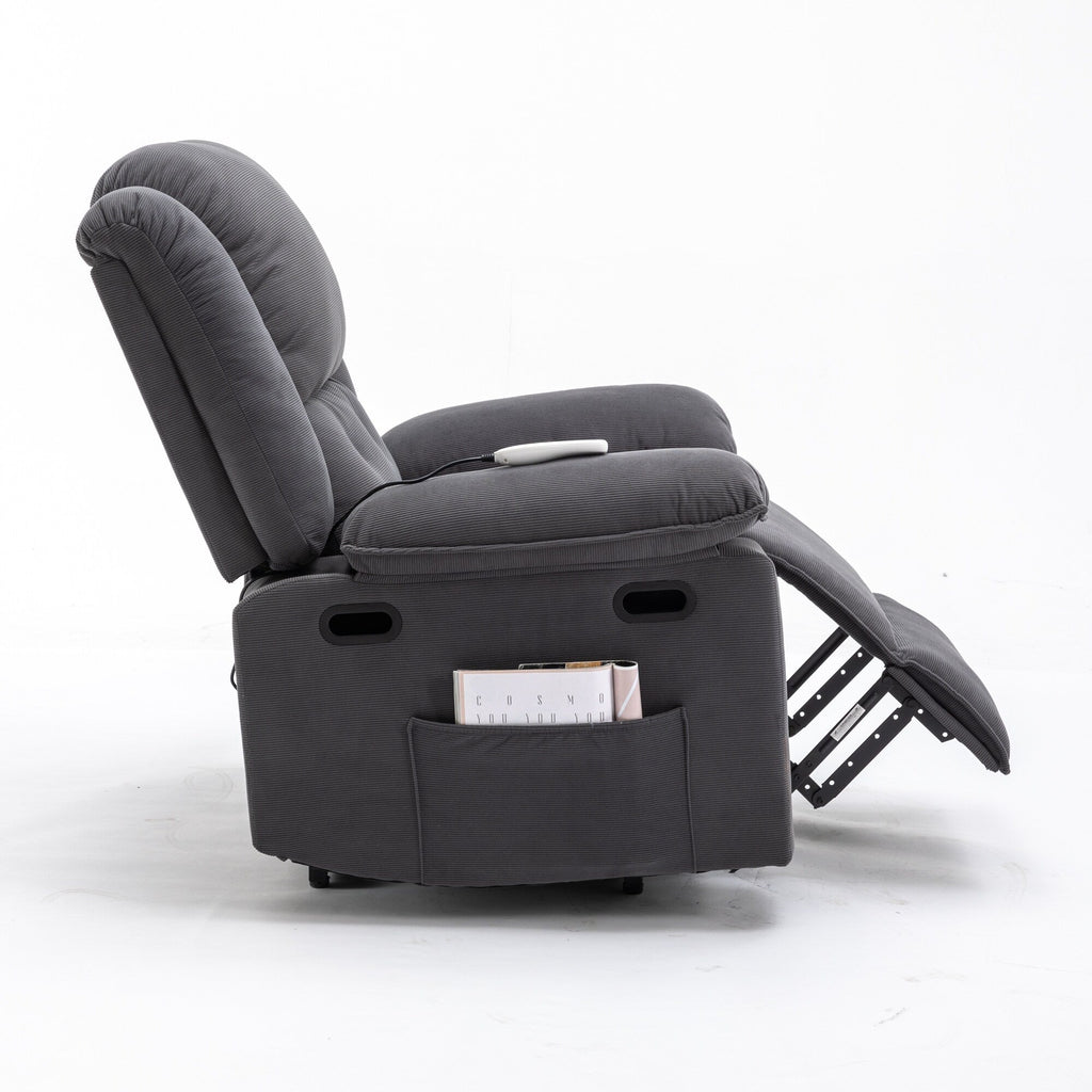 Fauteuil inclinable électrique en velours côtelé pour personnes âgées avec massage et chauffage réglables, angles d'inclinaison infinis et accoudoirs gain de place