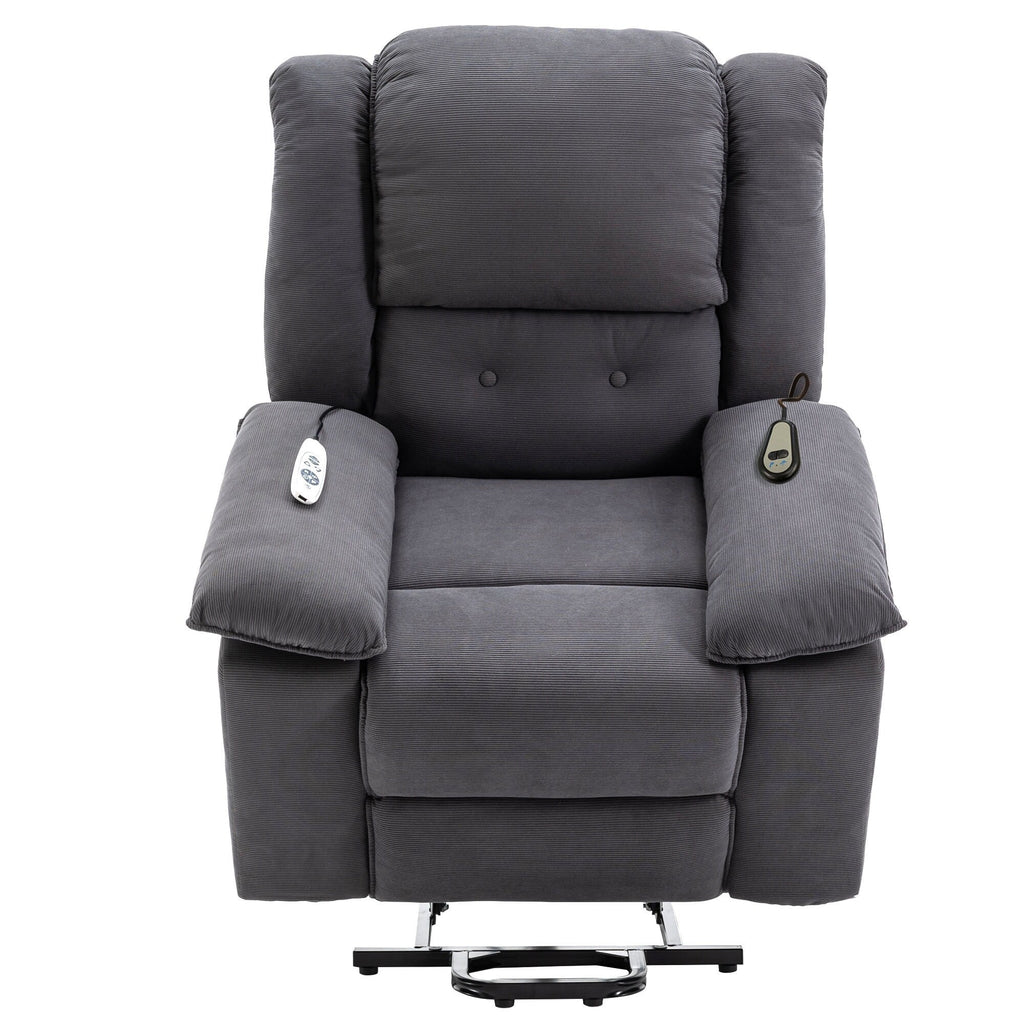 Fauteuil inclinable électrique en velours côtelé pour personnes âgées avec massage et chauffage réglables, angles d'inclinaison infinis et accoudoirs gain de place