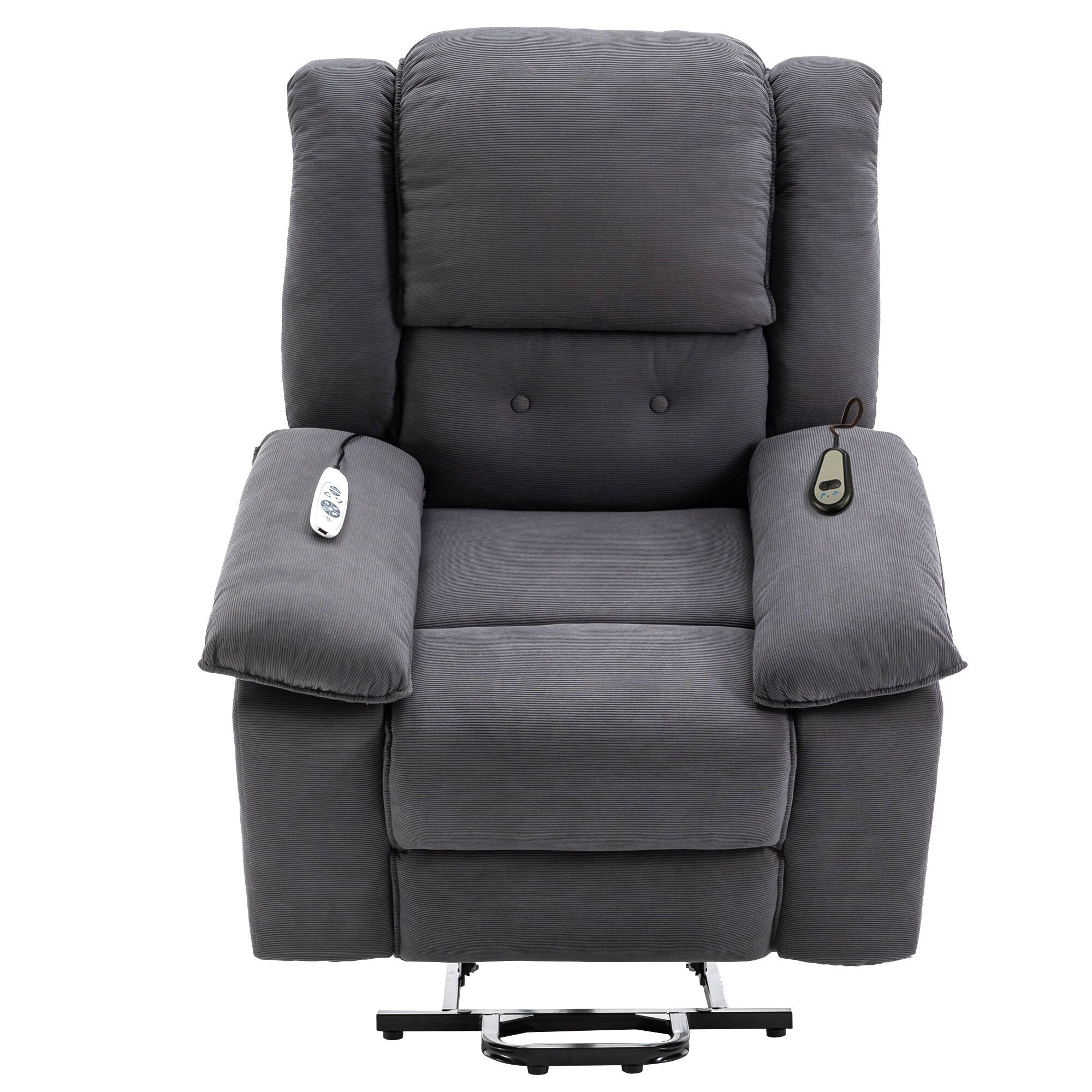 Fauteuil inclinable électrique en velours côtelé pour personnes âgées avec massage et chauffage réglables, angles d'inclinaison infinis et accoudoirs gain de place