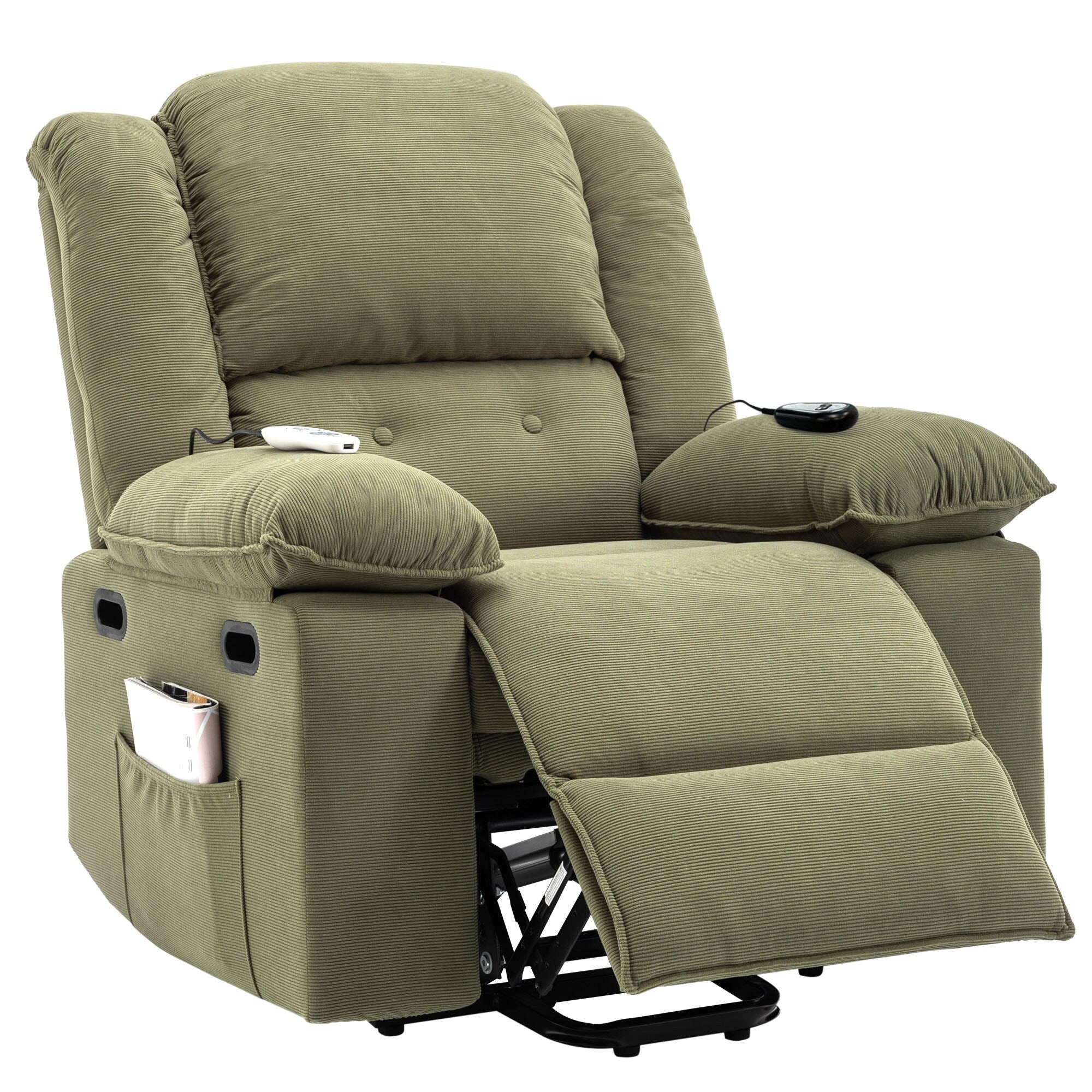 Fauteuil inclinable électrique en velours côtelé pour personnes âgées avec massage et chauffage réglables, angles d'inclinaison infinis et accoudoirs gain de place