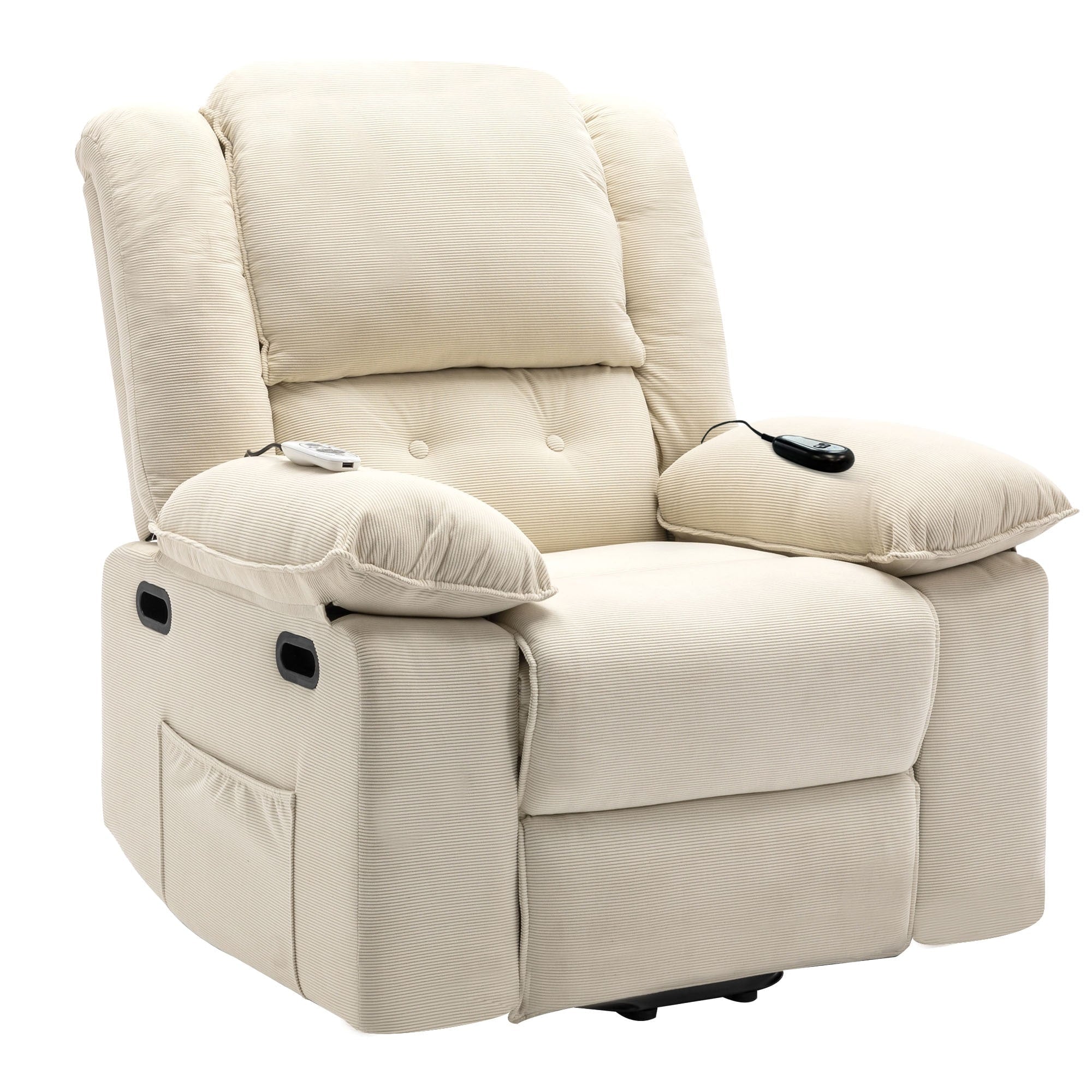 Fauteuil inclinable électrique en velours côtelé pour personnes âgées avec massage et chauffage réglables, angles d'inclinaison infinis et accoudoirs gain de place