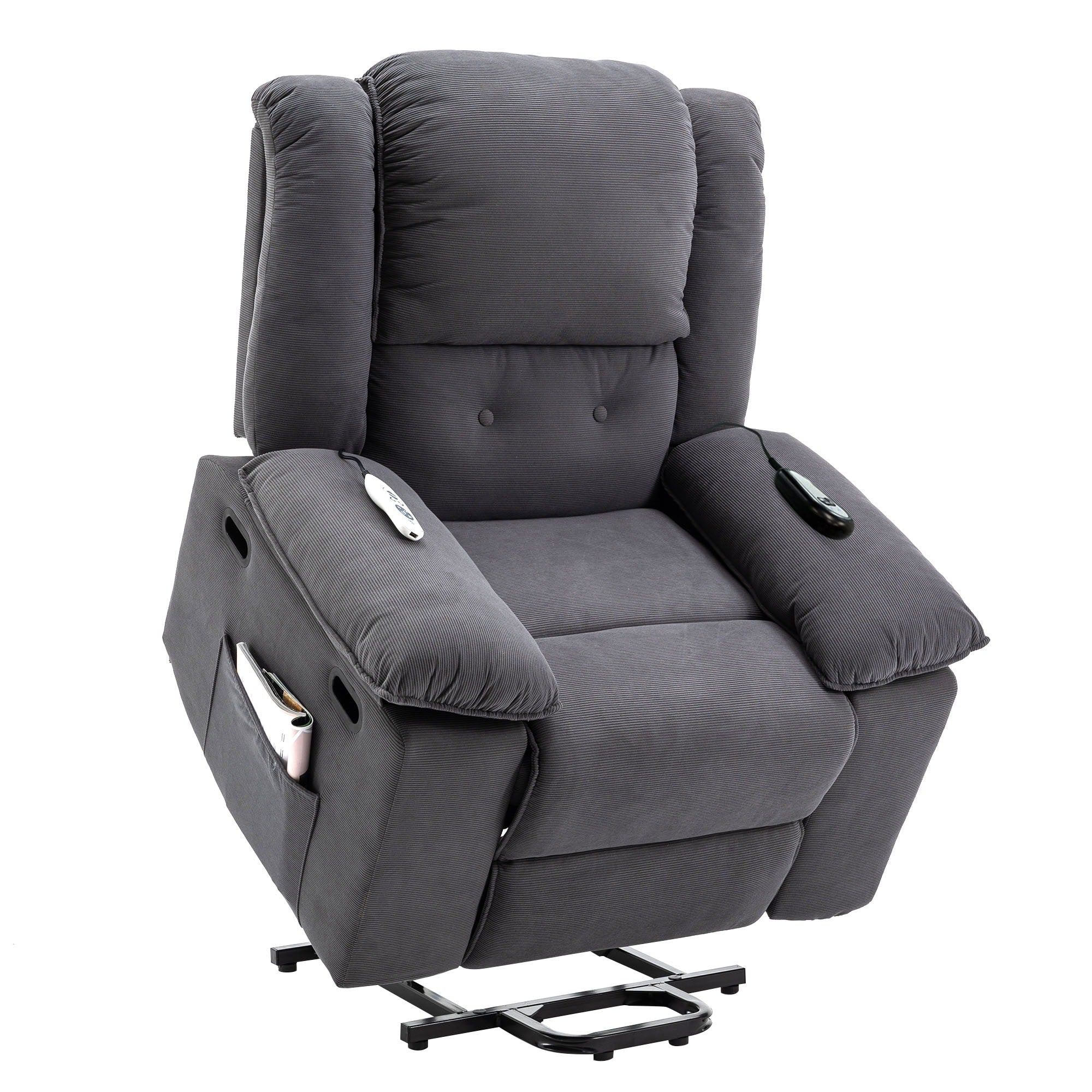 Fauteuil inclinable électrique en velours côtelé pour personnes âgées avec massage et chauffage réglables, angles d'inclinaison infinis et accoudoirs gain de place