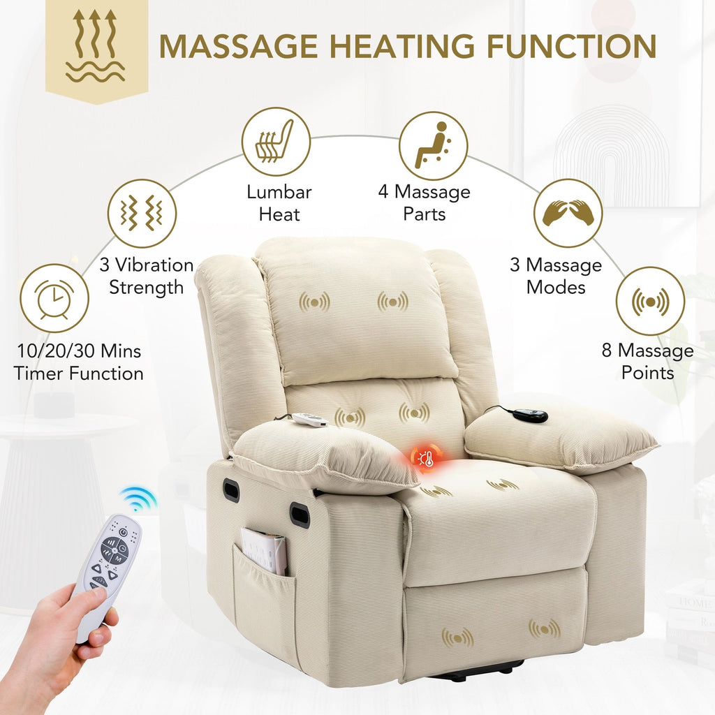 Fauteuil inclinable électrique en velours côtelé pour personnes âgées avec massage et chauffage réglables, angles d'inclinaison infinis et accoudoirs gain de place