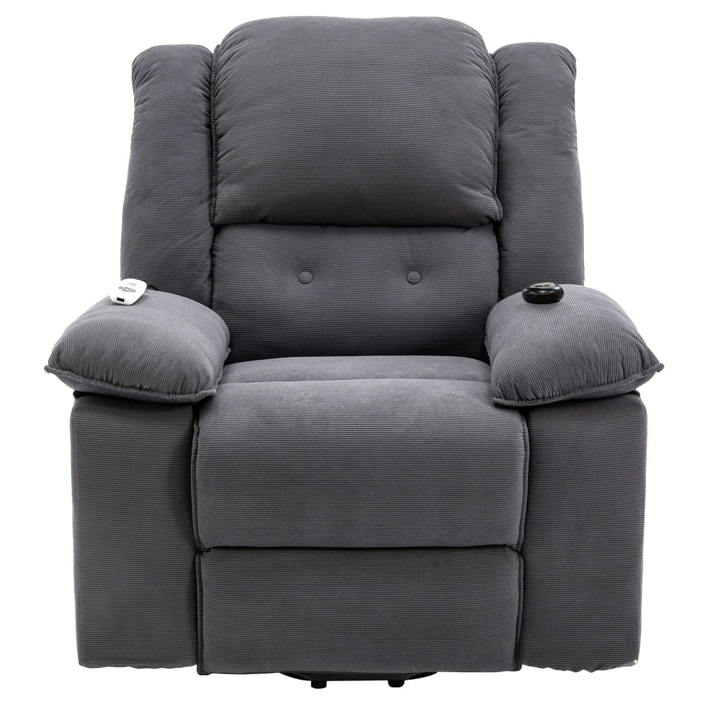 Fauteuil inclinable électrique en velours côtelé pour personnes âgées avec massage et chauffage réglables, angles d'inclinaison infinis et accoudoirs gain de place