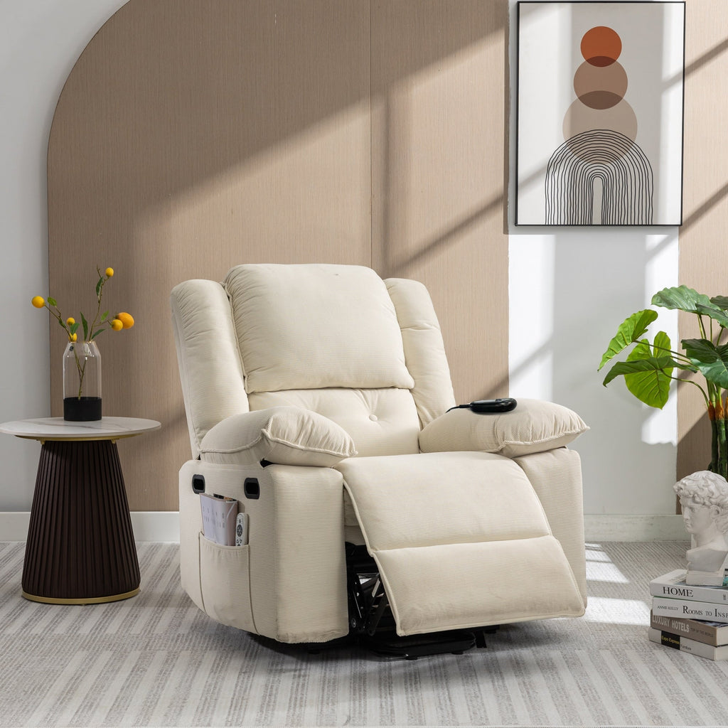 Fauteuil inclinable électrique en velours côtelé pour personnes âgées avec massage et chauffage réglables, angles d'inclinaison infinis et accoudoirs gain de place
