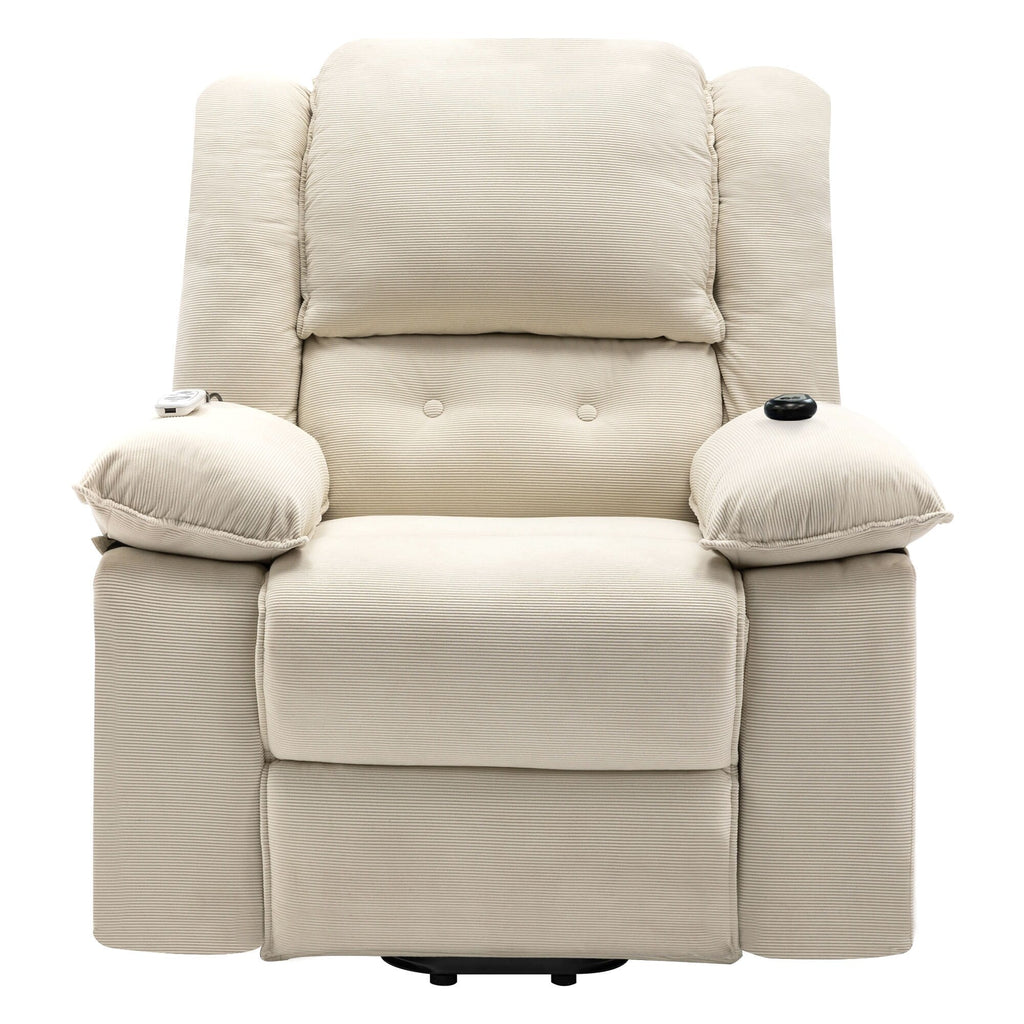 Fauteuil inclinable électrique en velours côtelé pour personnes âgées avec massage et chauffage réglables, angles d'inclinaison infinis et accoudoirs gain de place