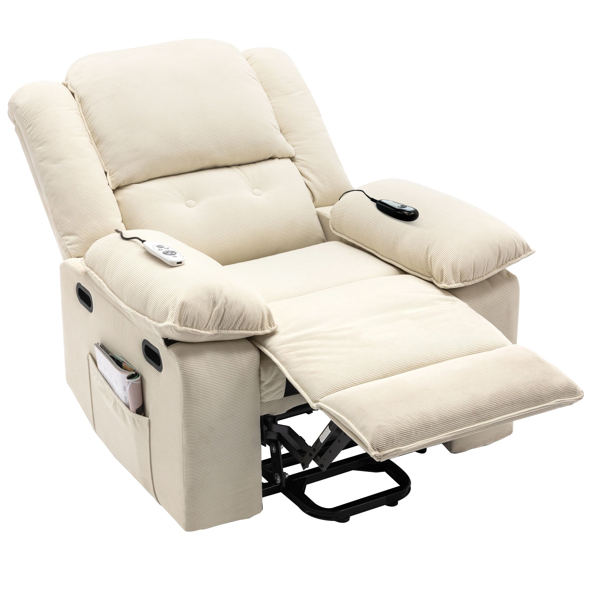 Fauteuil inclinable électrique en velours côtelé avec massage et accoudoirs extensibles