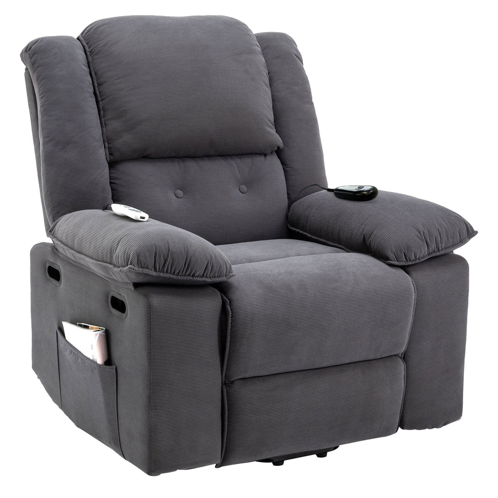Fauteuil inclinable électrique en velours côtelé avec massage et accoudoirs extensibles