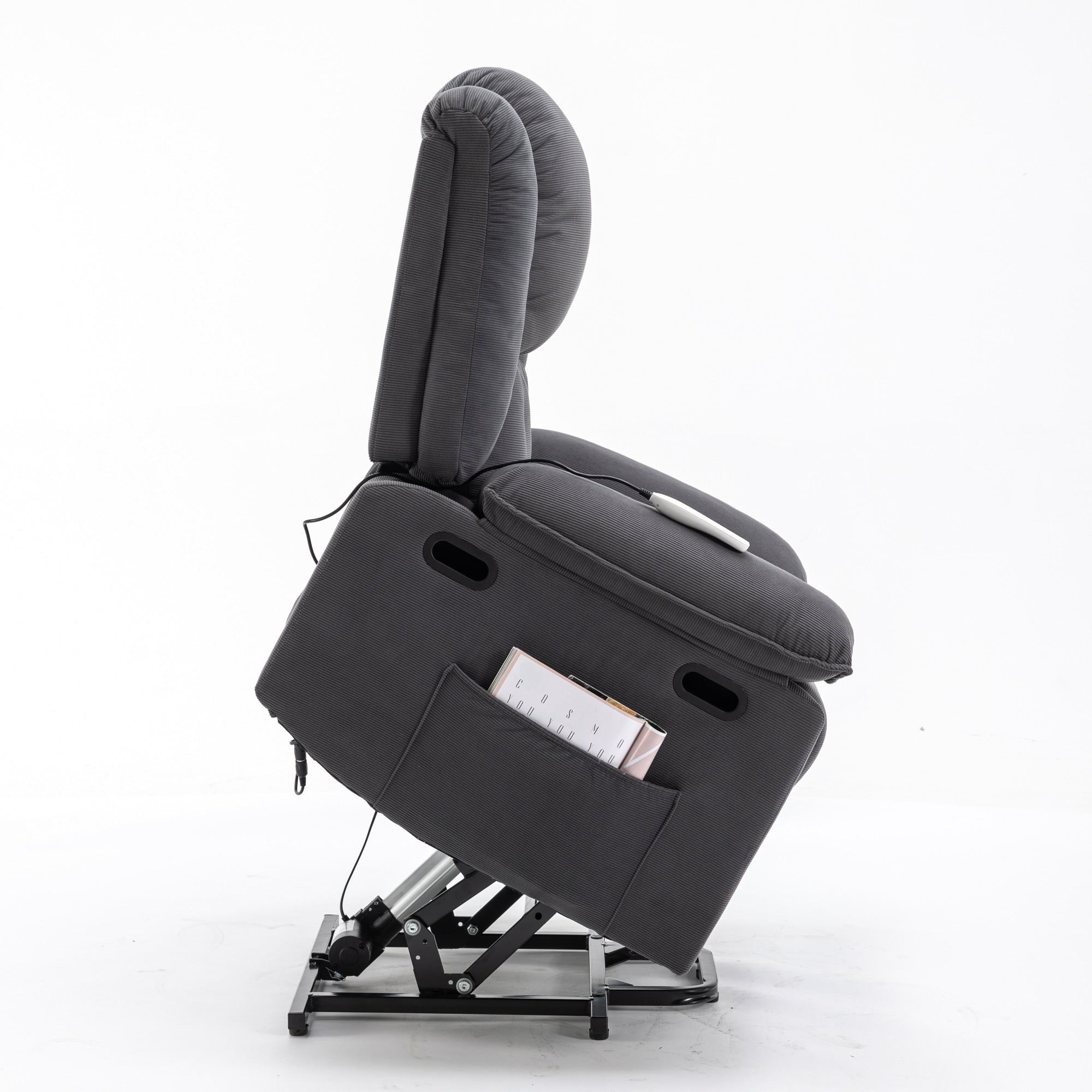 Fauteuil inclinable électrique en velours côtelé avec massage et accoudoirs extensibles