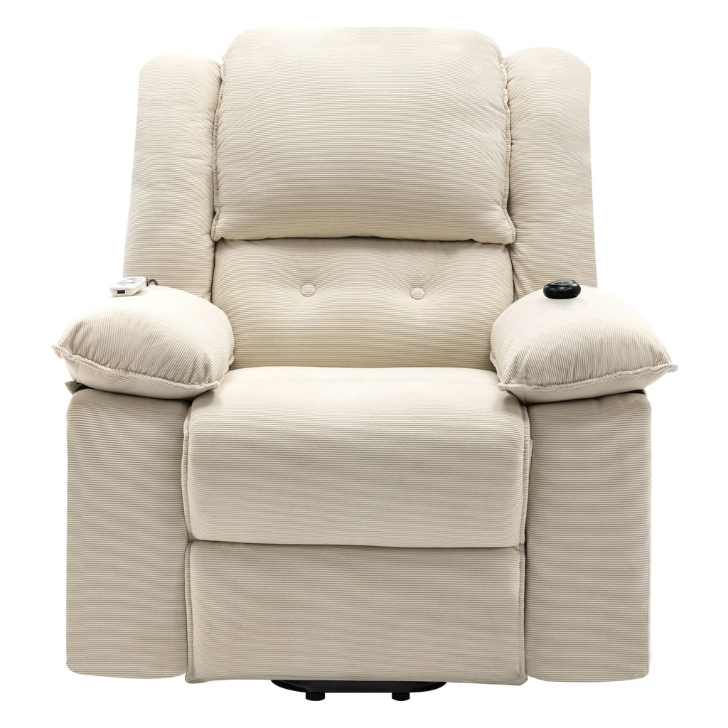 Fauteuil inclinable électrique en velours côtelé avec massage et accoudoirs extensibles