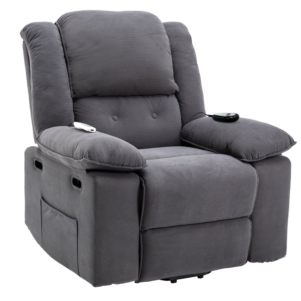 Fauteuil inclinable électrique en velours côtelé avec massage et accoudoirs extensibles