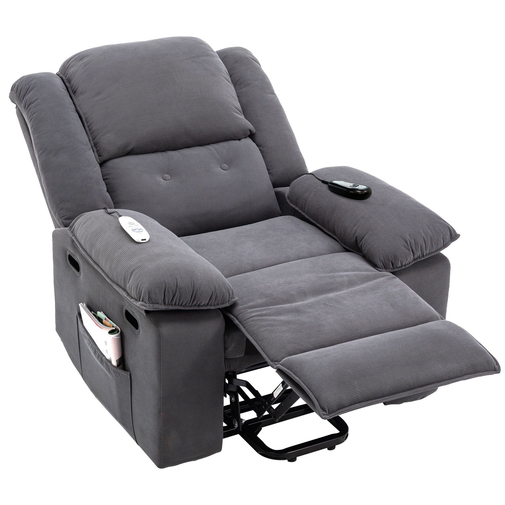 Fauteuil inclinable électrique en velours côtelé avec massage et accoudoirs extensibles