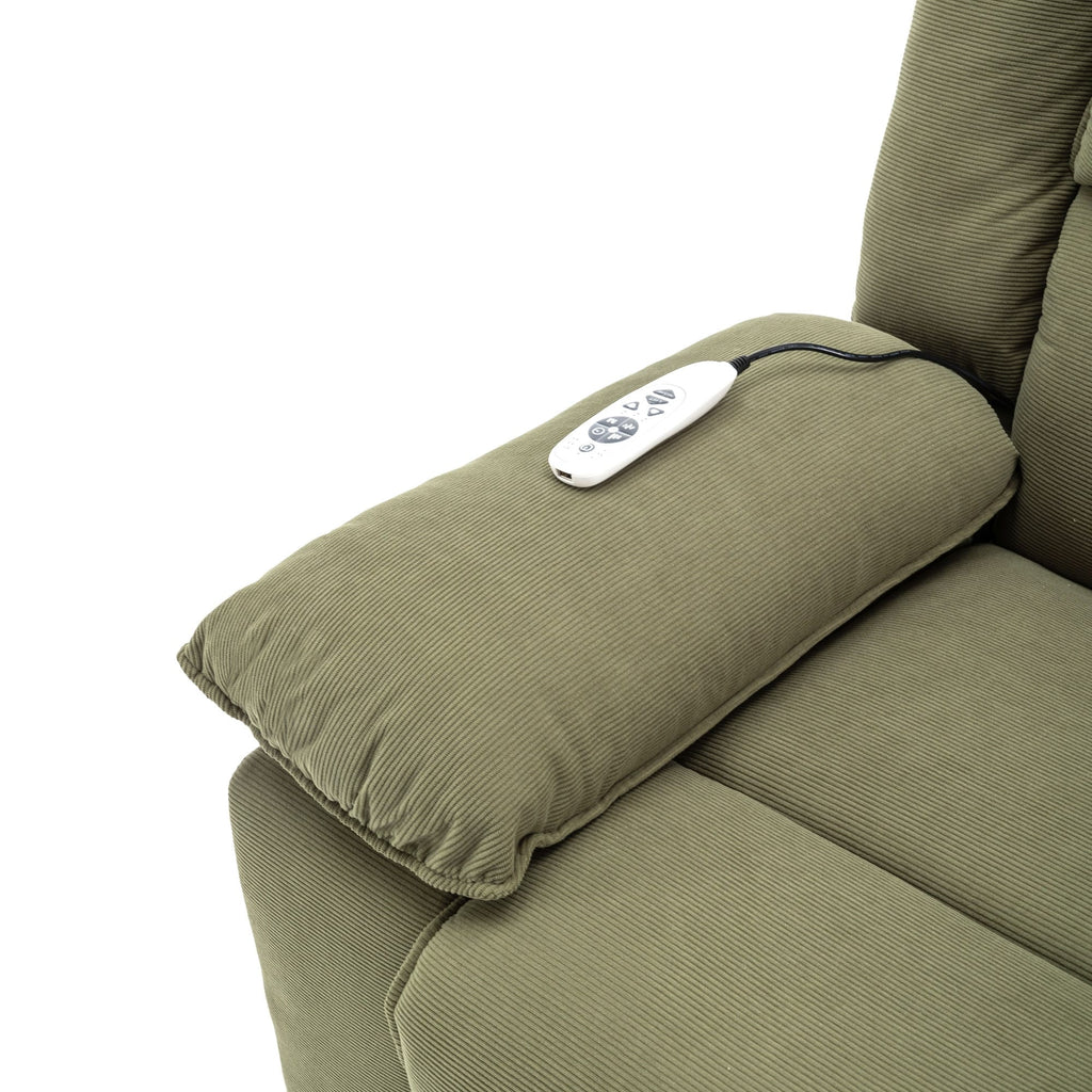 Fauteuil inclinable électrique en velours côtelé avec massage et accoudoirs extensibles