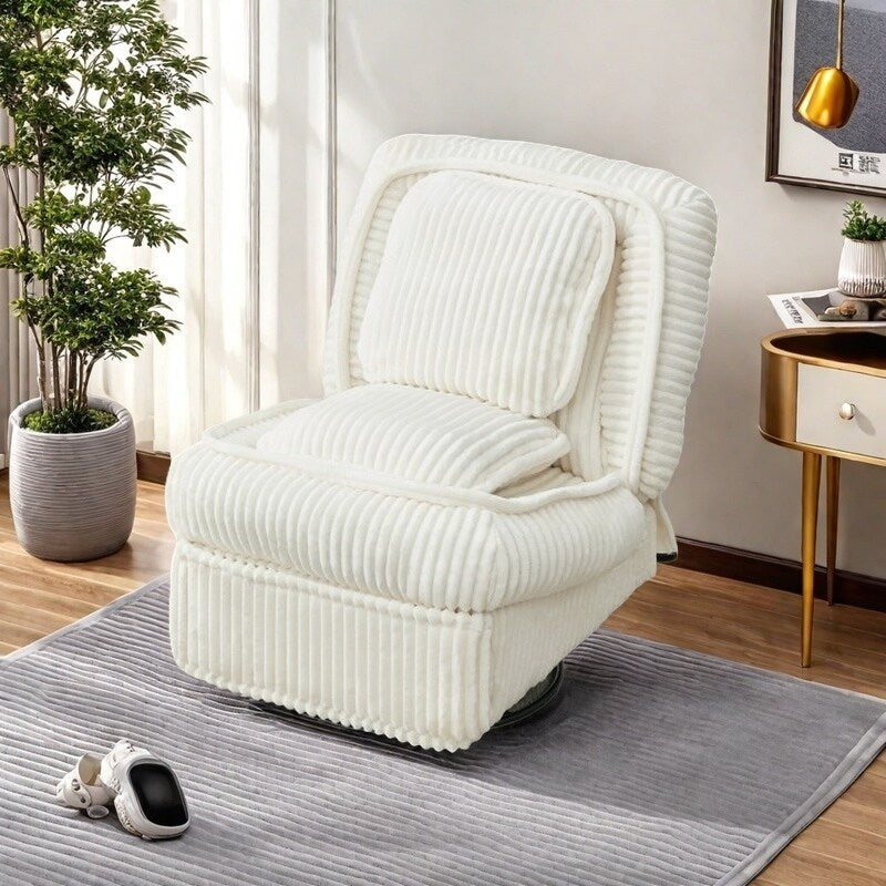 Fauteuil inclinable en velours côtelé avec base pivotante à 360°, dossier réglable, repose-pieds et oreiller pour salon