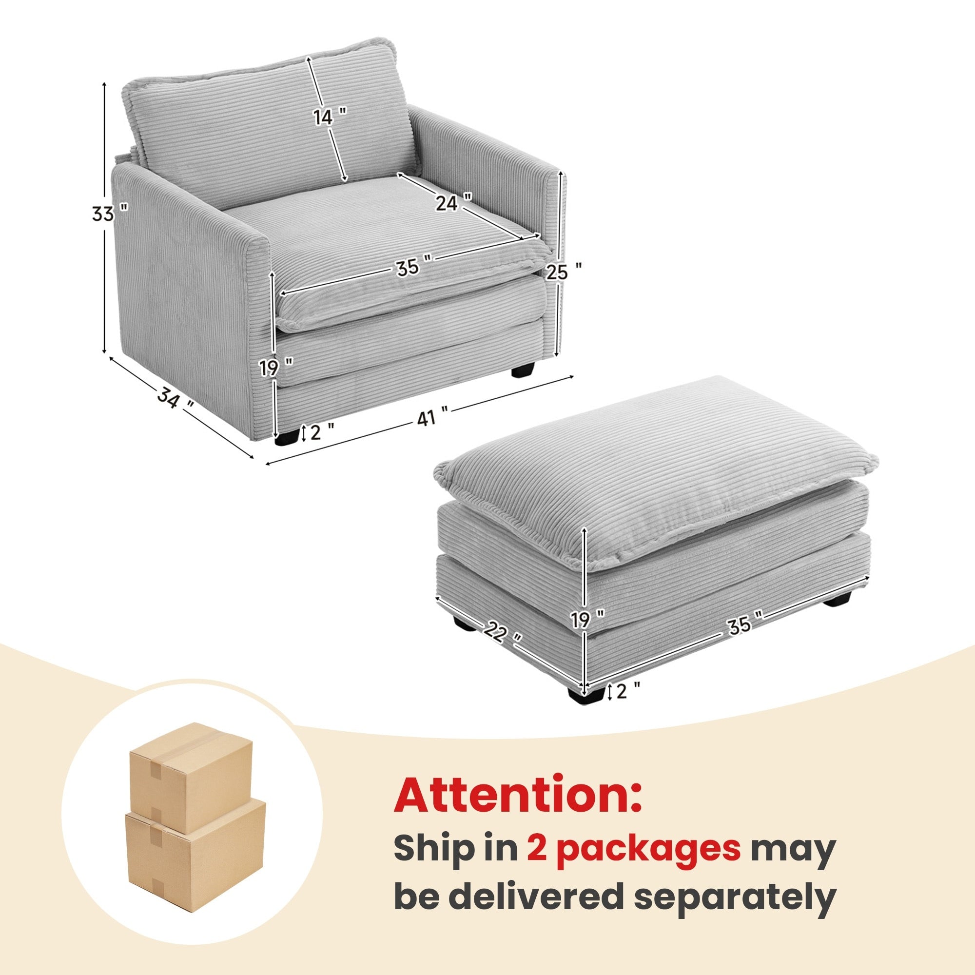 Canapé sectionnel en velours côtelé avec poufs amovibles et coussins ultra-doux pour salon et chambre