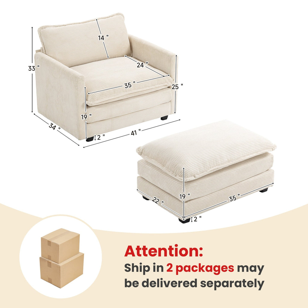 Canapé sectionnel en velours côtelé avec poufs amovibles et coussins ultra-doux pour salon et chambre