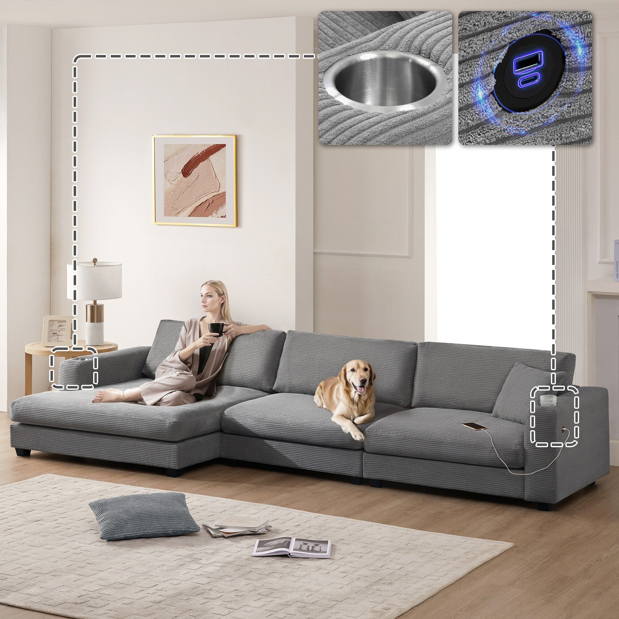 Canapé sectionnel en velours côtelé, canapé nuage en L avec port de chargement USB, porte-gobelet, canapé-lit à assise profonde avec méridienne de 50 cm