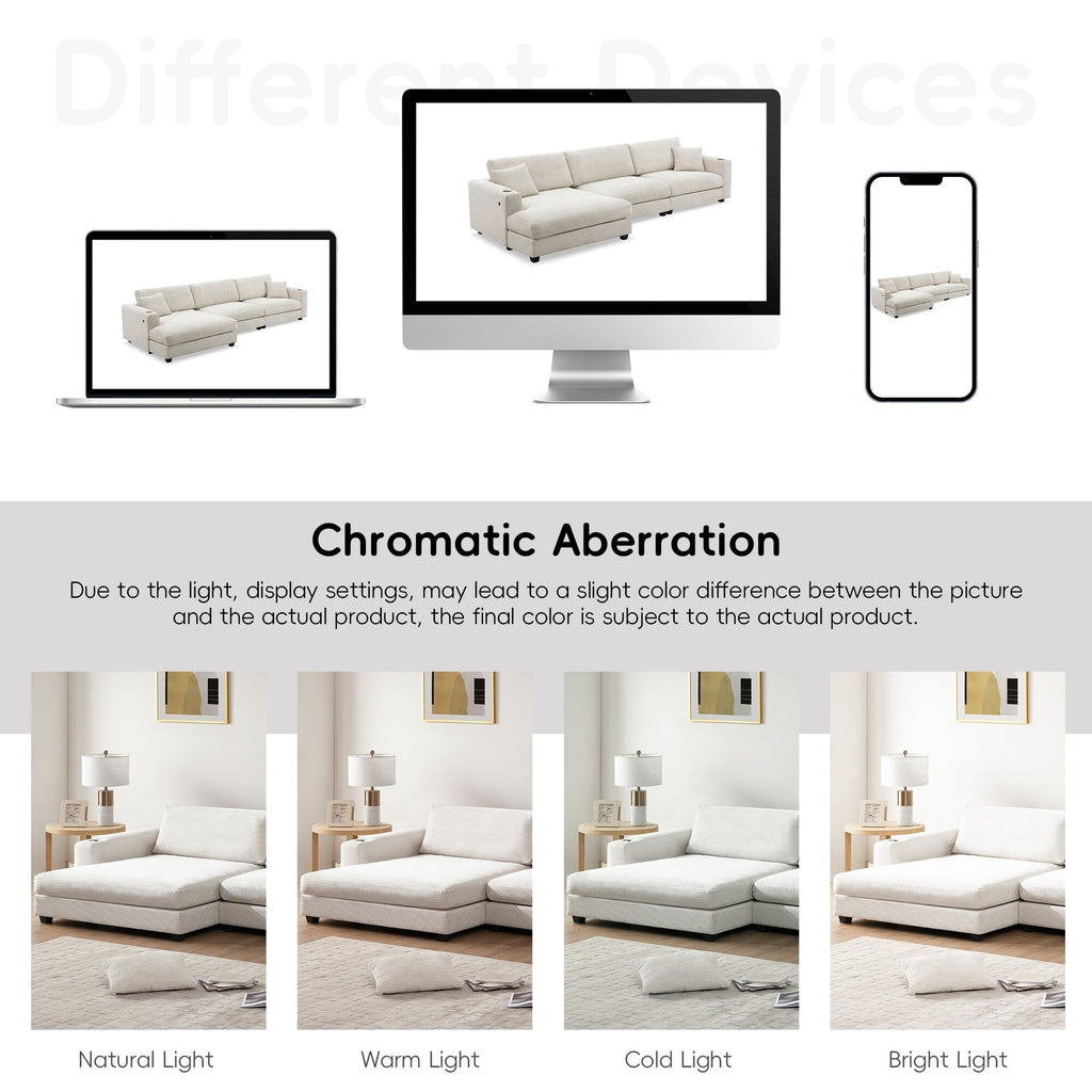 Canapé sectionnel en velours côtelé, canapé nuage en L avec port de chargement USB, porte-gobelet, canapé-lit à assise profonde avec méridienne de 50 cm