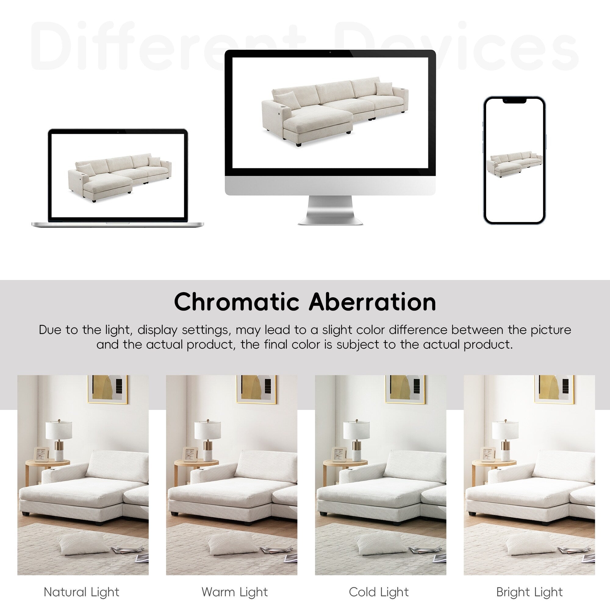 Canapé sectionnel en velours côtelé, canapé nuage en L avec port de chargement USB, porte-gobelet, canapé-lit à assise profonde avec méridienne de 50 cm