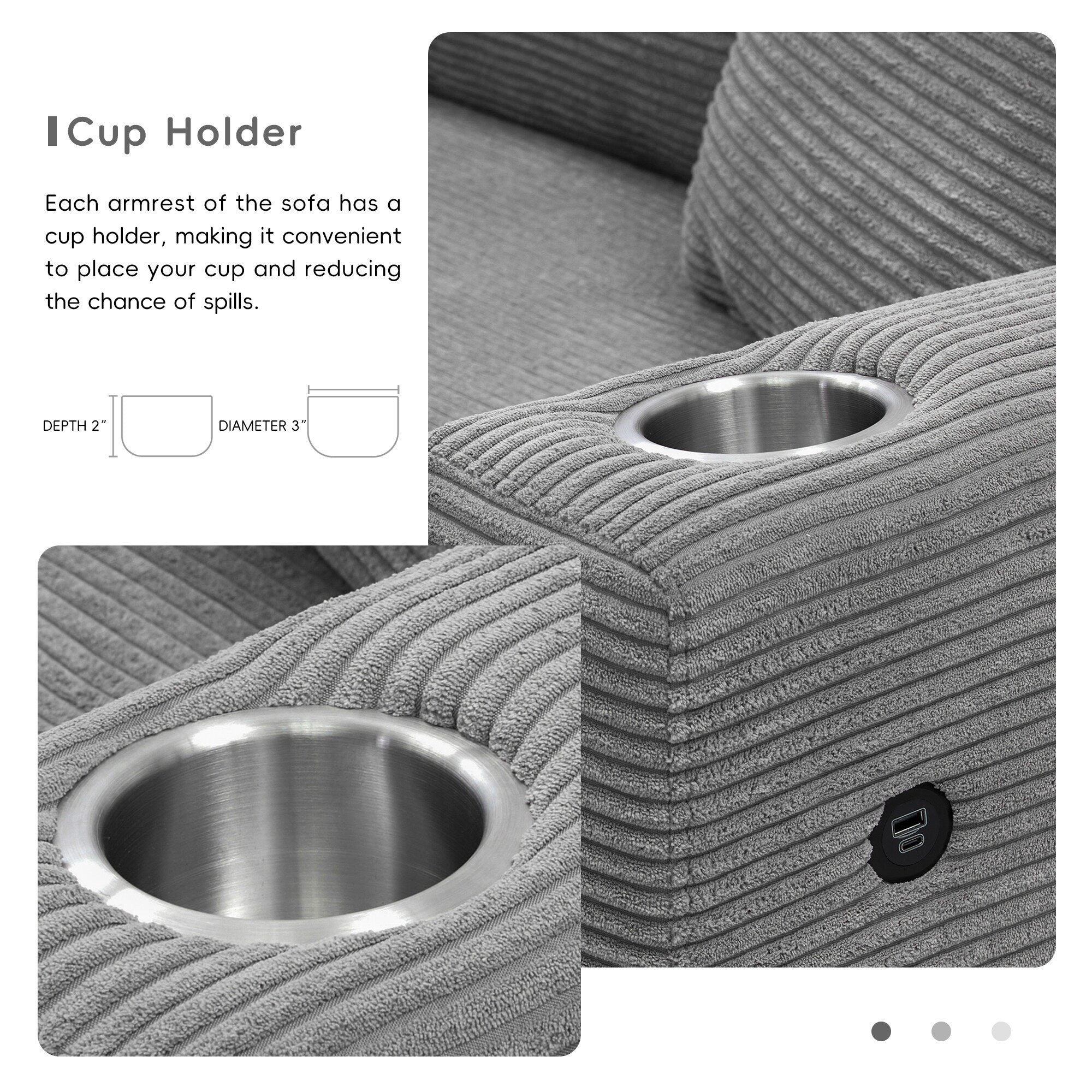 Canapé sectionnel en velours côtelé, canapé nuage en L avec port de chargement USB, porte-gobelet, canapé-lit à assise profonde avec méridienne de 50 cm