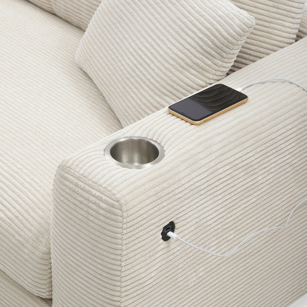 Canapé sectionnel en velours côtelé, canapé nuage en L avec port de chargement USB, porte-gobelet, canapé-lit à assise profonde avec méridienne de 50 cm