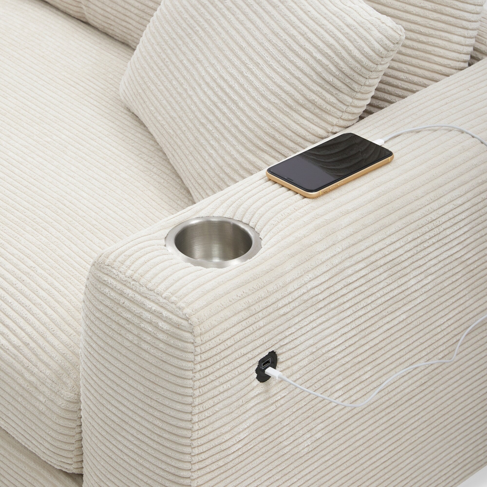 Canapé sectionnel en velours côtelé, canapé nuage en L avec port de chargement USB, porte-gobelet, canapé-lit à assise profonde avec méridienne de 50 cm