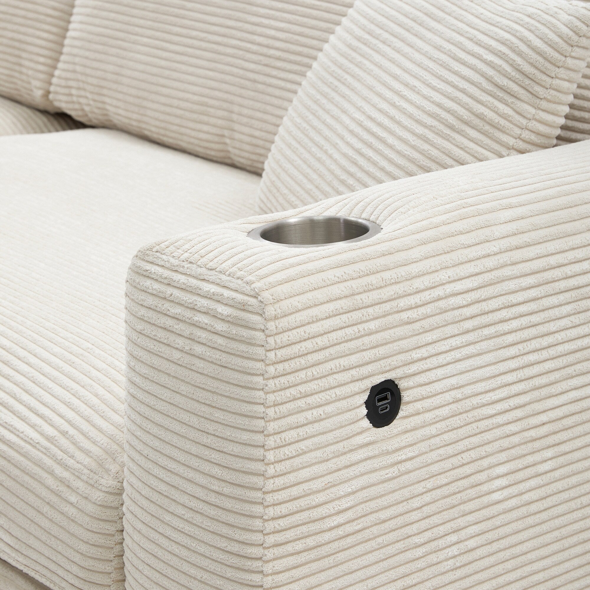 Canapé sectionnel en velours côtelé, canapé nuage en L avec port de chargement USB, porte-gobelet, canapé-lit à assise profonde avec méridienne de 50 cm