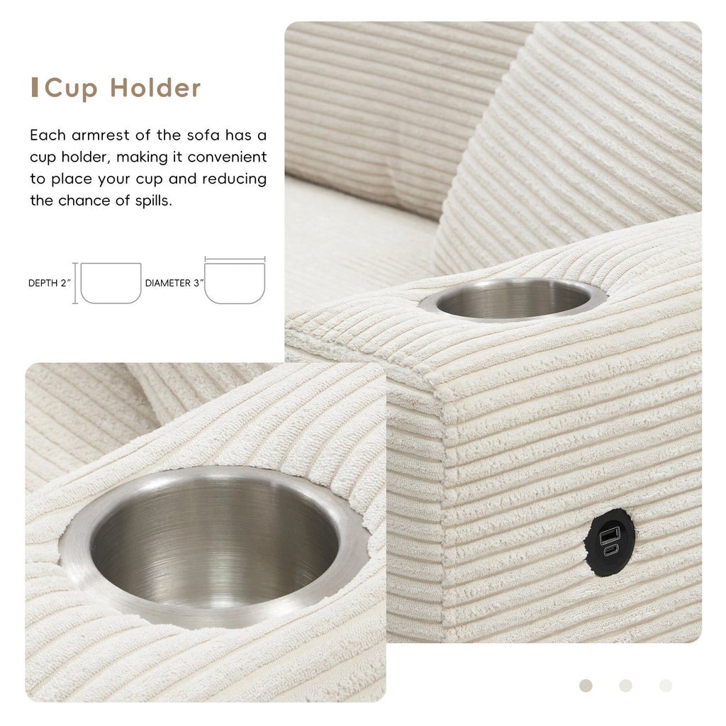 Canapé sectionnel en velours côtelé, canapé nuage en L avec port de chargement USB, porte-gobelet, canapé-lit à assise profonde avec méridienne de 50 cm