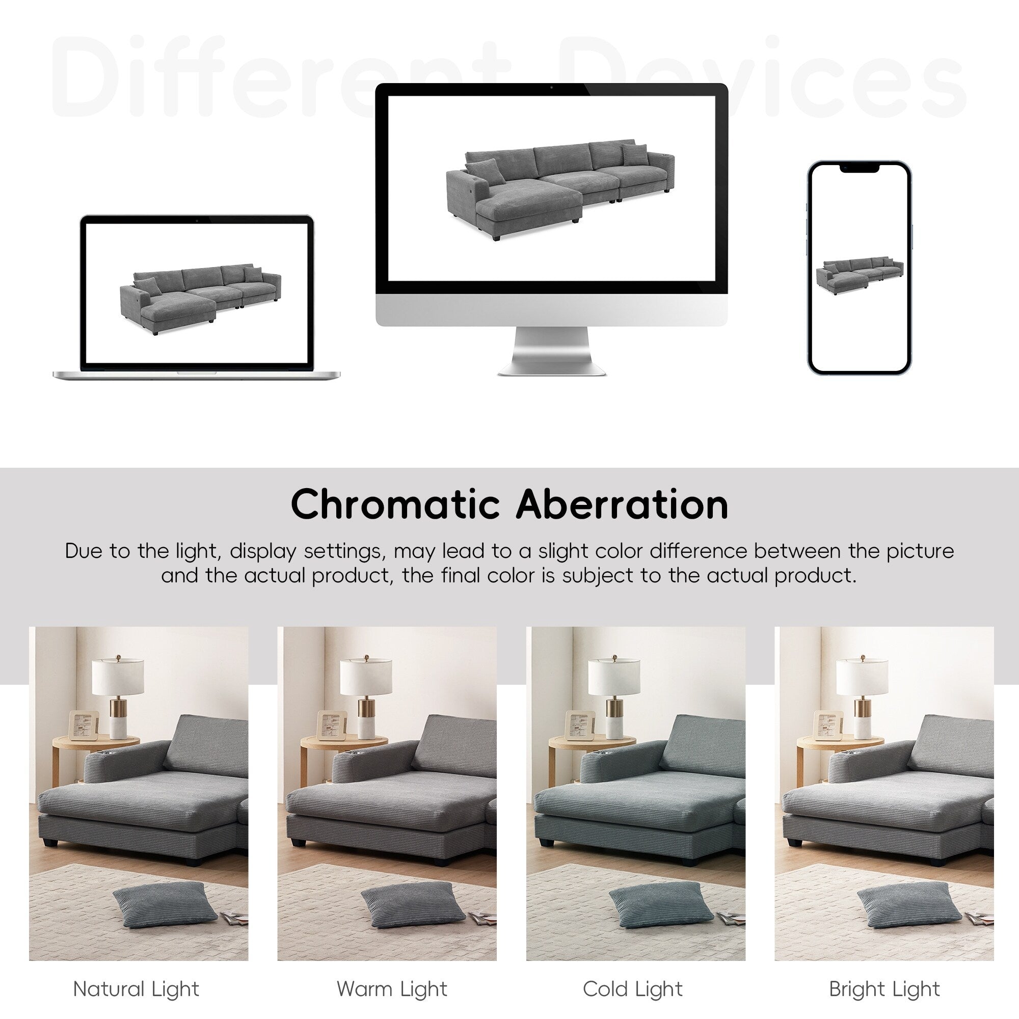 Canapé sectionnel en velours côtelé, canapé nuage en L avec port de chargement USB, porte-gobelet, canapé-lit à assise profonde avec méridienne de 50 cm