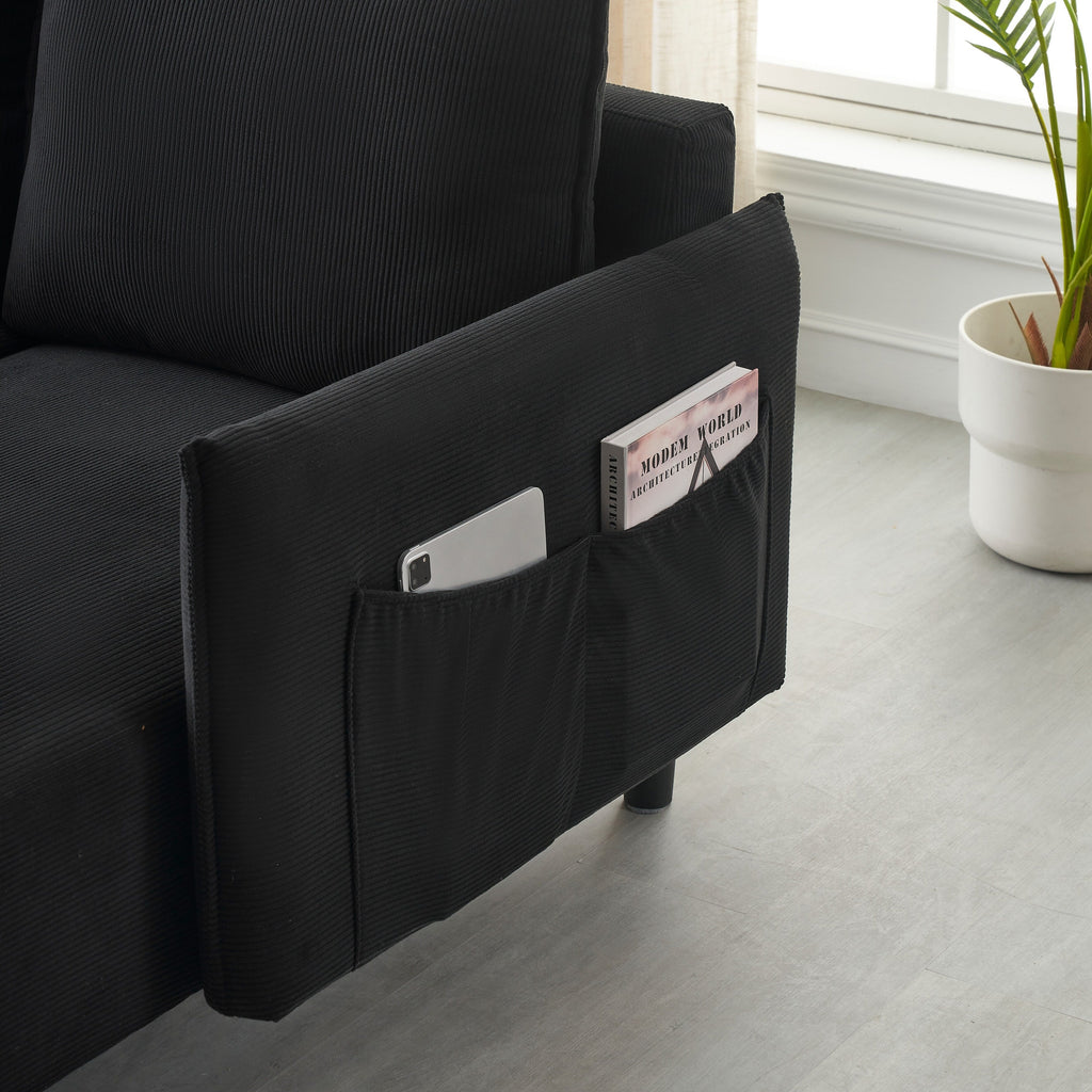 Canapé inclinable en velours côtelé avec pieds fuselés en métal, canapé long avec 3 coussins assortis et poches latérales pour le salon