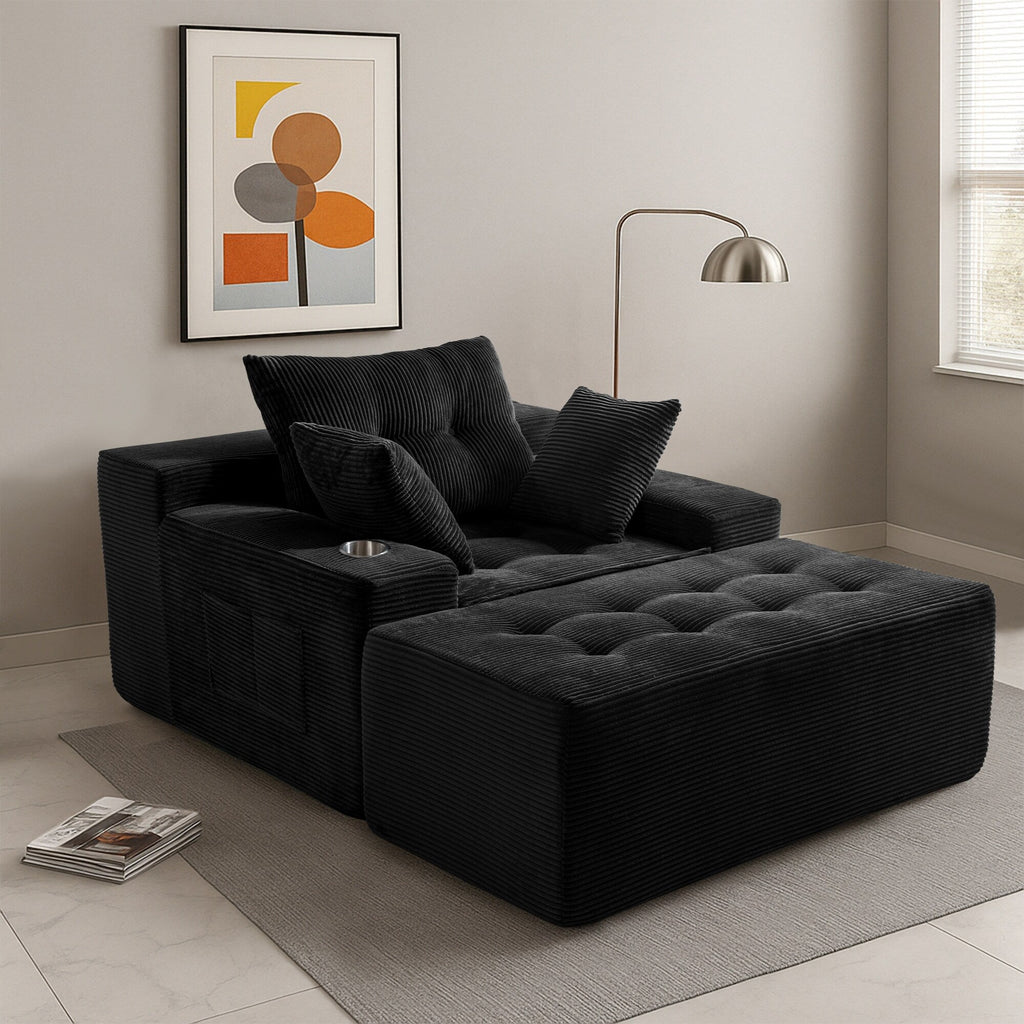 Canapé pouf rembourré en velours côtelé et mousse à mémoire de forme avec pouf - 48,4 L x 67,7 l x 24,4 H