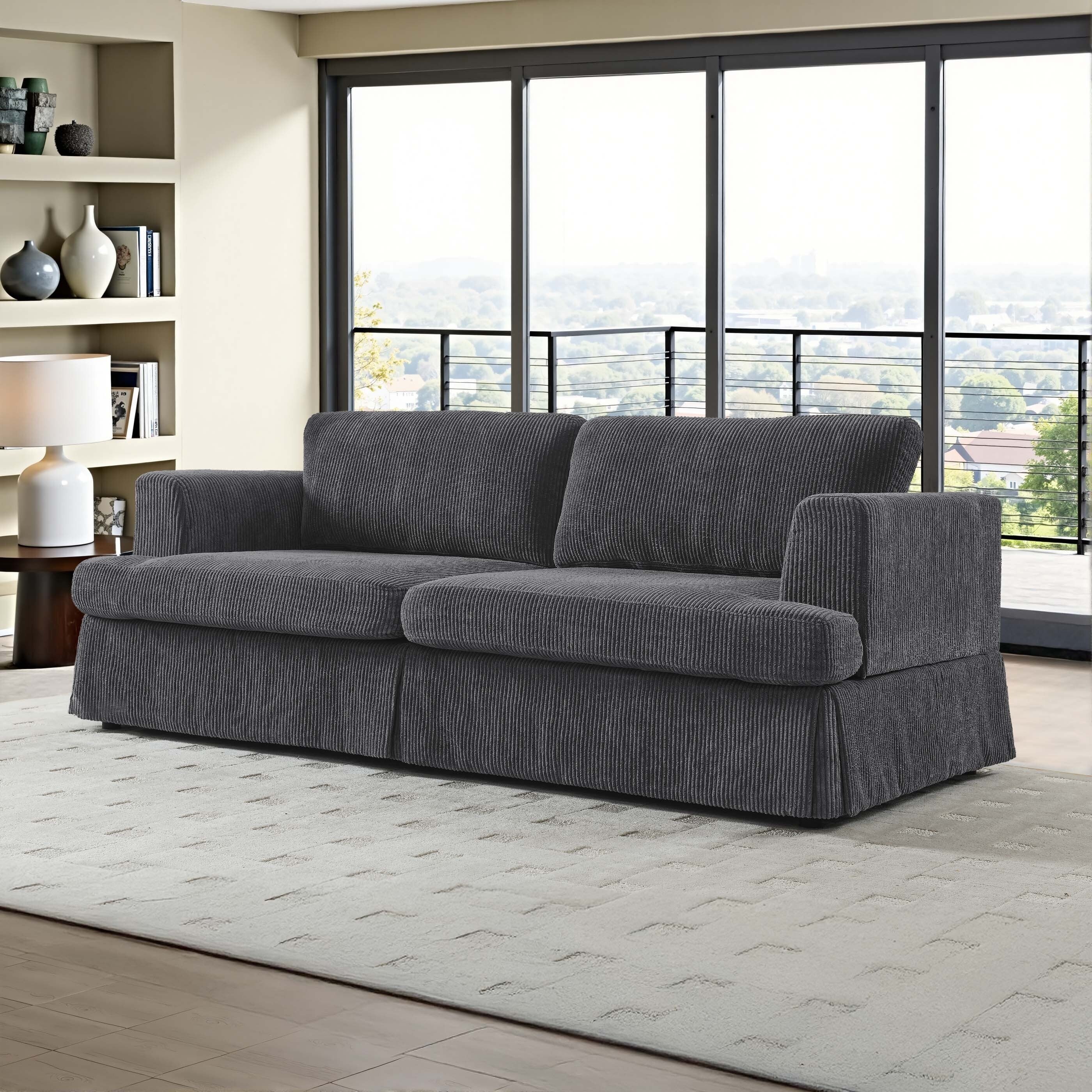 Canapé à jupe rembourré en velours côtelé - 39 P x 84,5 L x 33 H