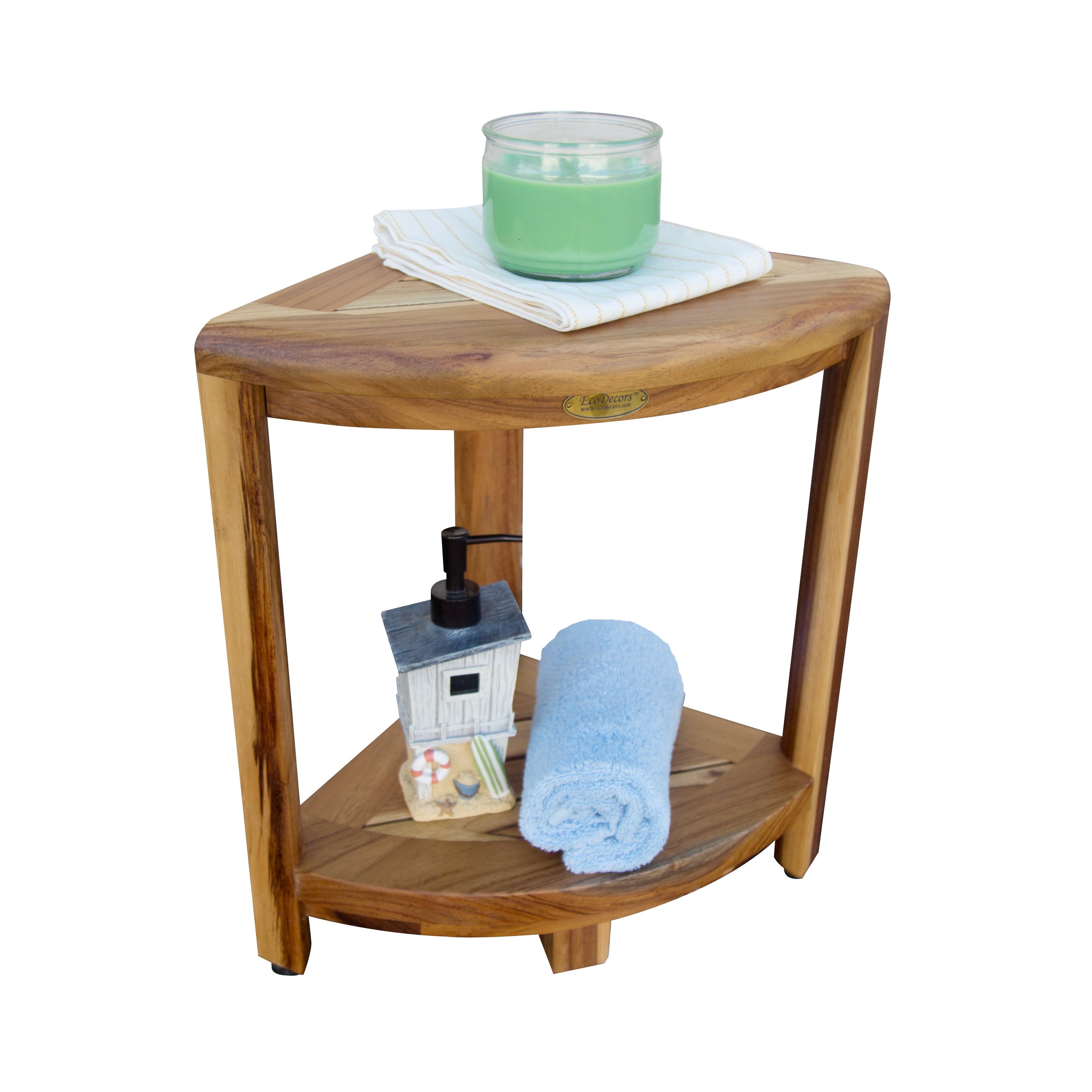 EcoDecors, Étagère d'angle en teck, Repose-pieds pour douche, Tabouret en teck pour douche intérieure, 45,7 cm