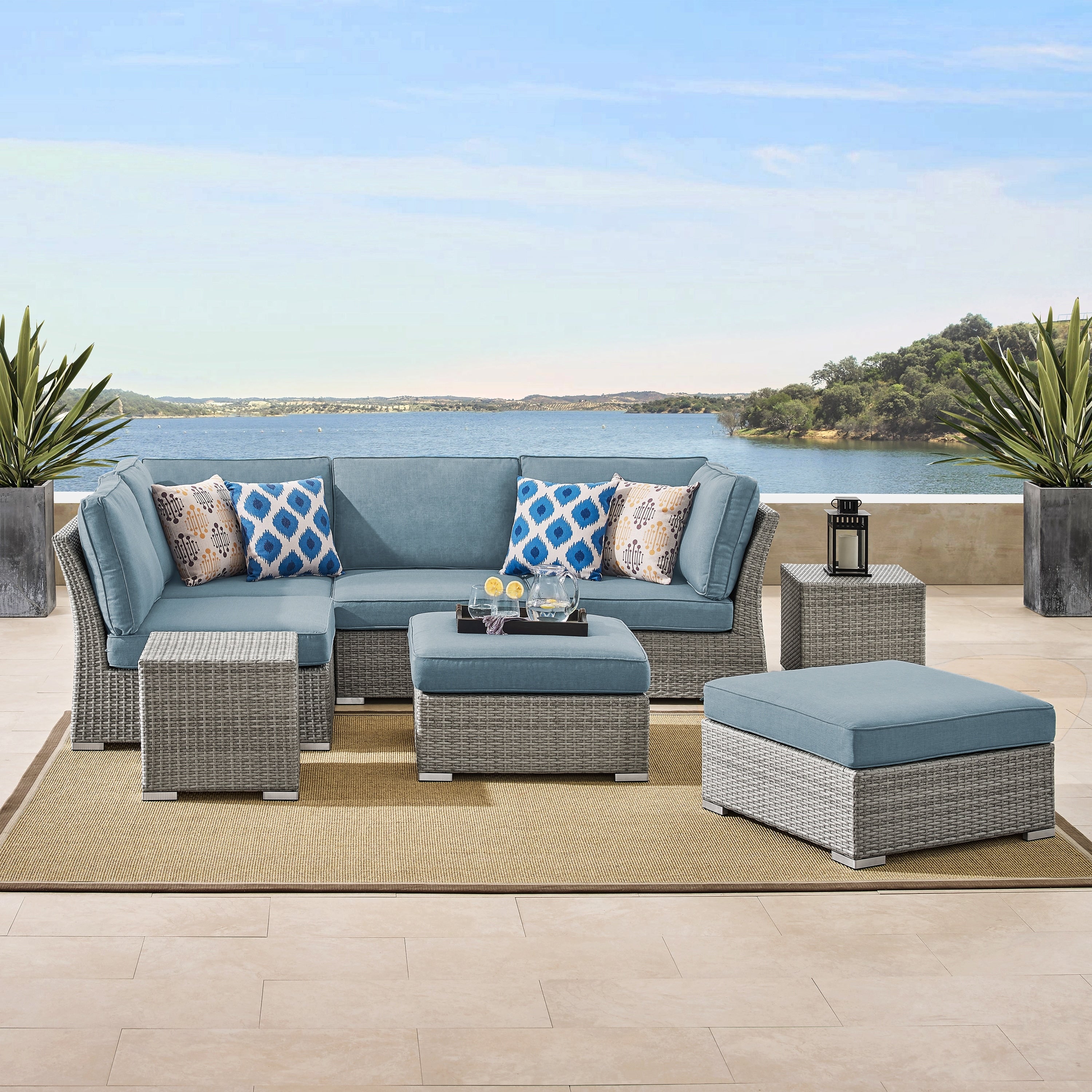 Ensemble de conversation sectionnel de patio en osier et aluminium Corvus 8 pièces